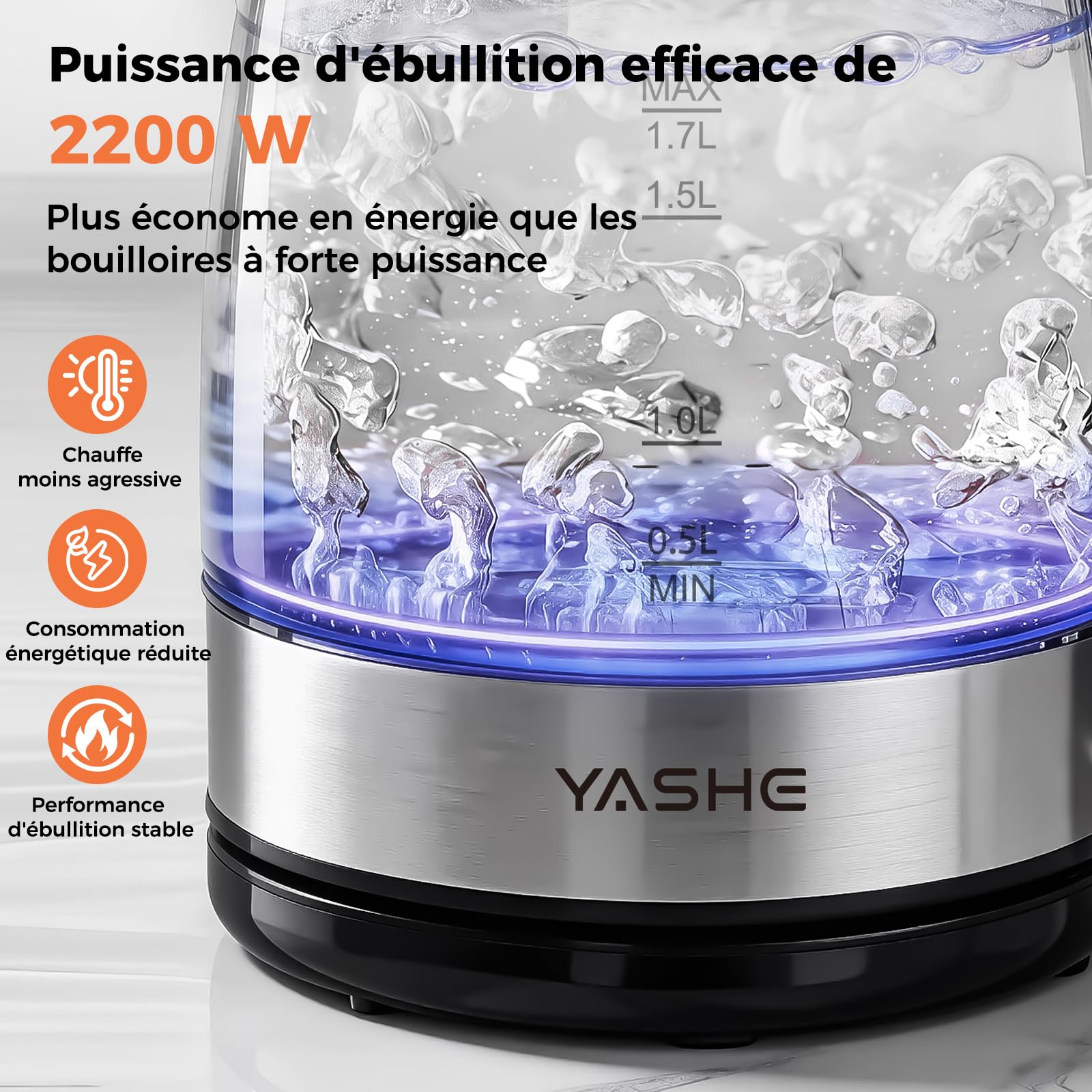 Bouilloire Électrique en Verre 1,7L 2200W avec LED Bleue et Filtre Anticalcaire