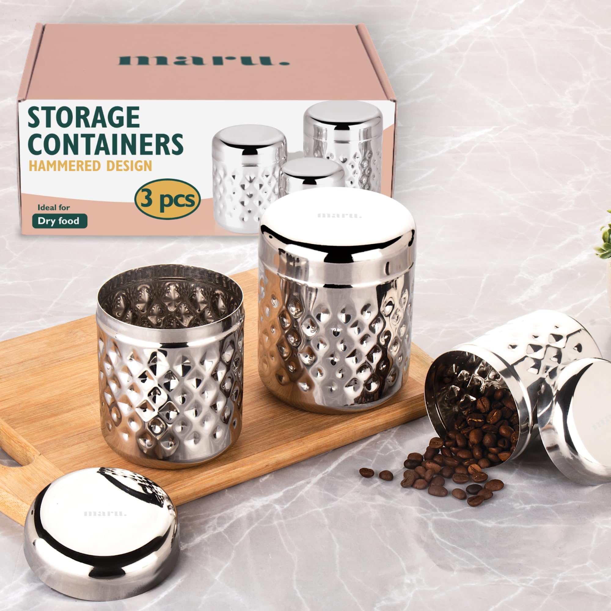 See full amazon price history chart for MARU Stainless Steel Multipurpose Kitchen Container Set with Hammered Pattern | Coffee Tea Sugar Container Set | Airtight Container Set for Kitchen of 3 Pcs - Classic Set of 3 (700ml, 500ml, 400ml) MARU Stainless Steel Multipurpose Kitchen Container Set with Hammered Pattern | Coffee Tea Sugar Container Set | Airtight Container Set for Kitchen of 3 Pcs - Classic Set of 3 (700ml, 500ml, 400ml) (B0CW1XVD8T) Amazon Price History, Amazon Price Tracker