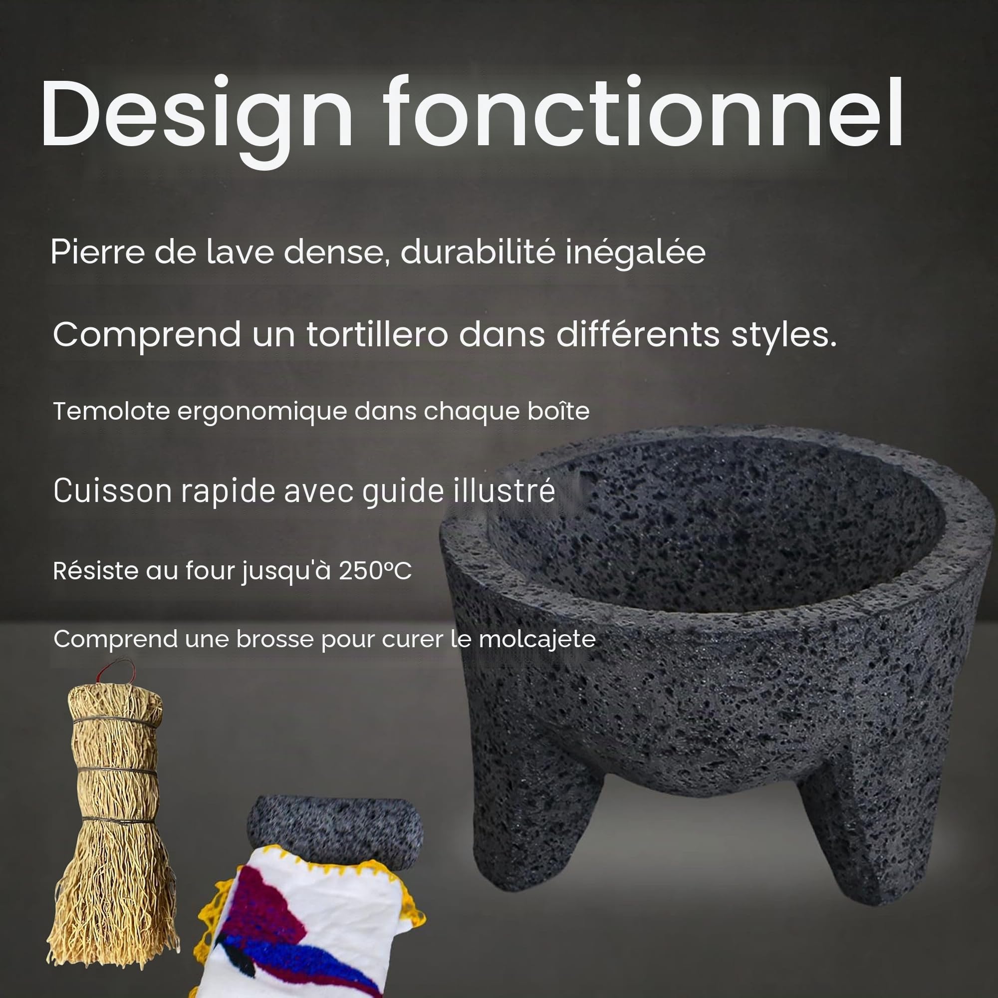 Bol mexicain Molcajete original fabriqué à la main en pierre de lave authentique au Mexique – Molcajete de Piedra volcanica – Pilon de mortier volcanique mexicain – Pierre de lave authentique