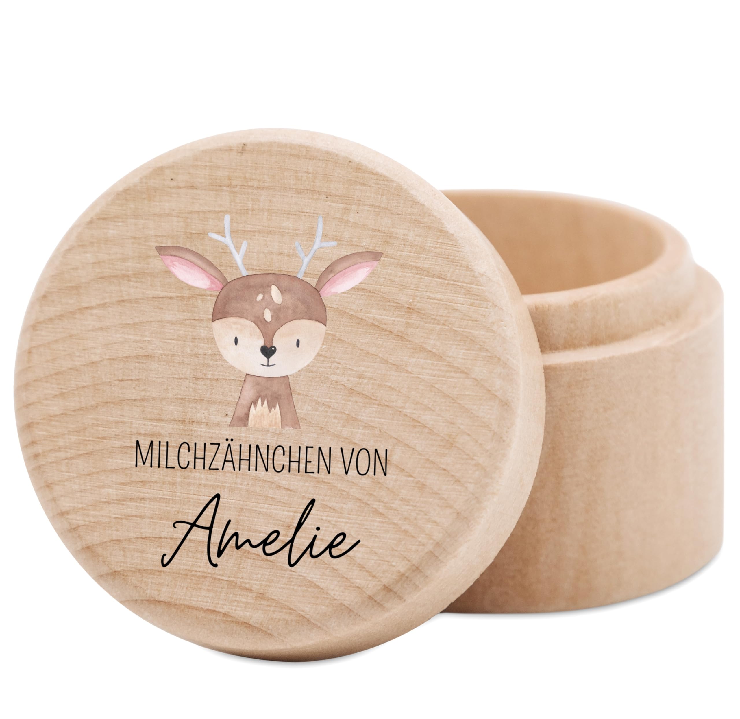 wunderwunsch® - Milchzahndose personalisiert aus Holz mit kinderfreundlichem UV-Druck - Zahndose Milchzähne als Erinnerung an die ersten Zähnchen (Reh)