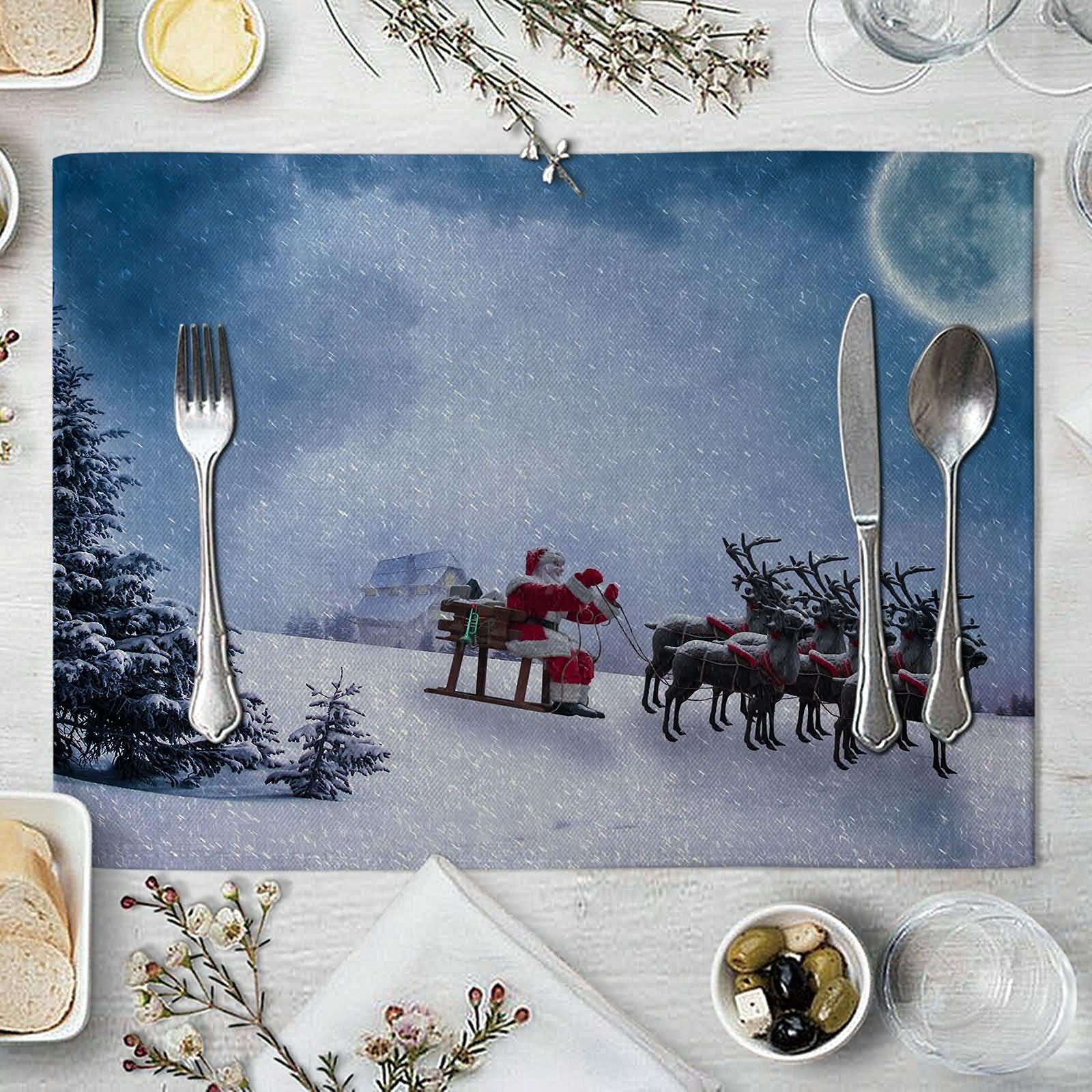 Juego de 8 manteles individuales de Navidad para vacaciones, lavables, Papá Noel, paseos, trineo, 32 x 42 cm, regalo de invierno, Navidad, Año Nuevo