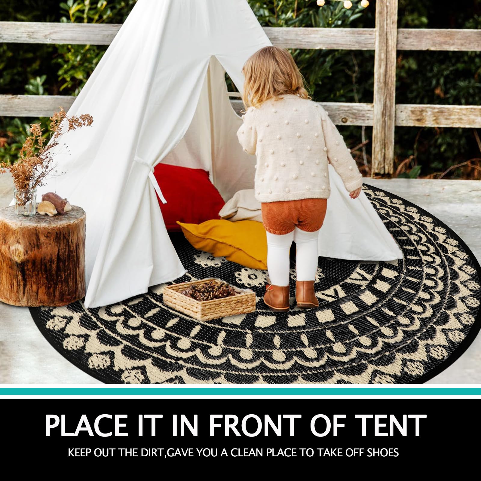 Capslpad Tappeto rotondo per esterni per terrazza, reversibile, impermeabile, in plastica, cerchio boho, per interni ed esterni, tappeto per camper, campeggio, picnic, piscina, tenda, balcone