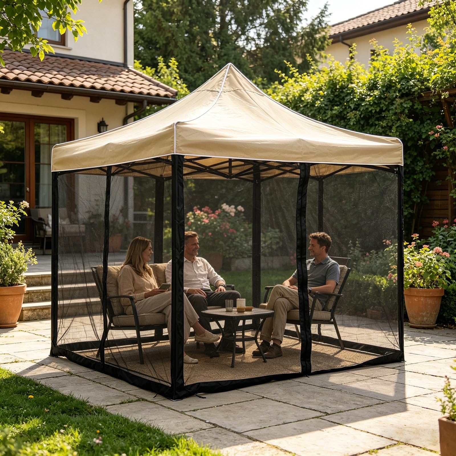 Zapasowa moskitiera do pawilonu, 4-drzwiowy baldachim z dwustronnym zamkiem błyskawicznym, trwała ścianka zewnętrzna do patio i pergoli, czarna, 3 x 3,6 m, poliester