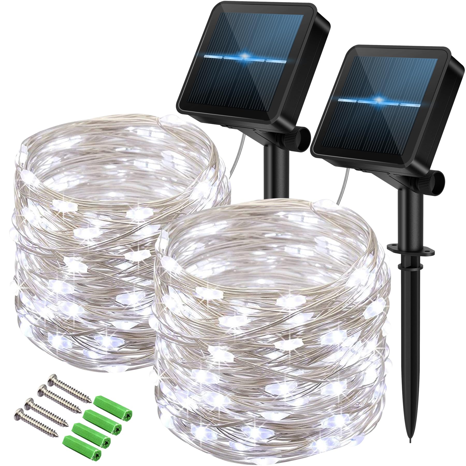120LED Solar Fairy Lights, 2 Packs 12M Solar Lights Outdoor Garden，8 Modes Waterproof Copper Wire String Lights for Wedding Garden Party(Cool White)