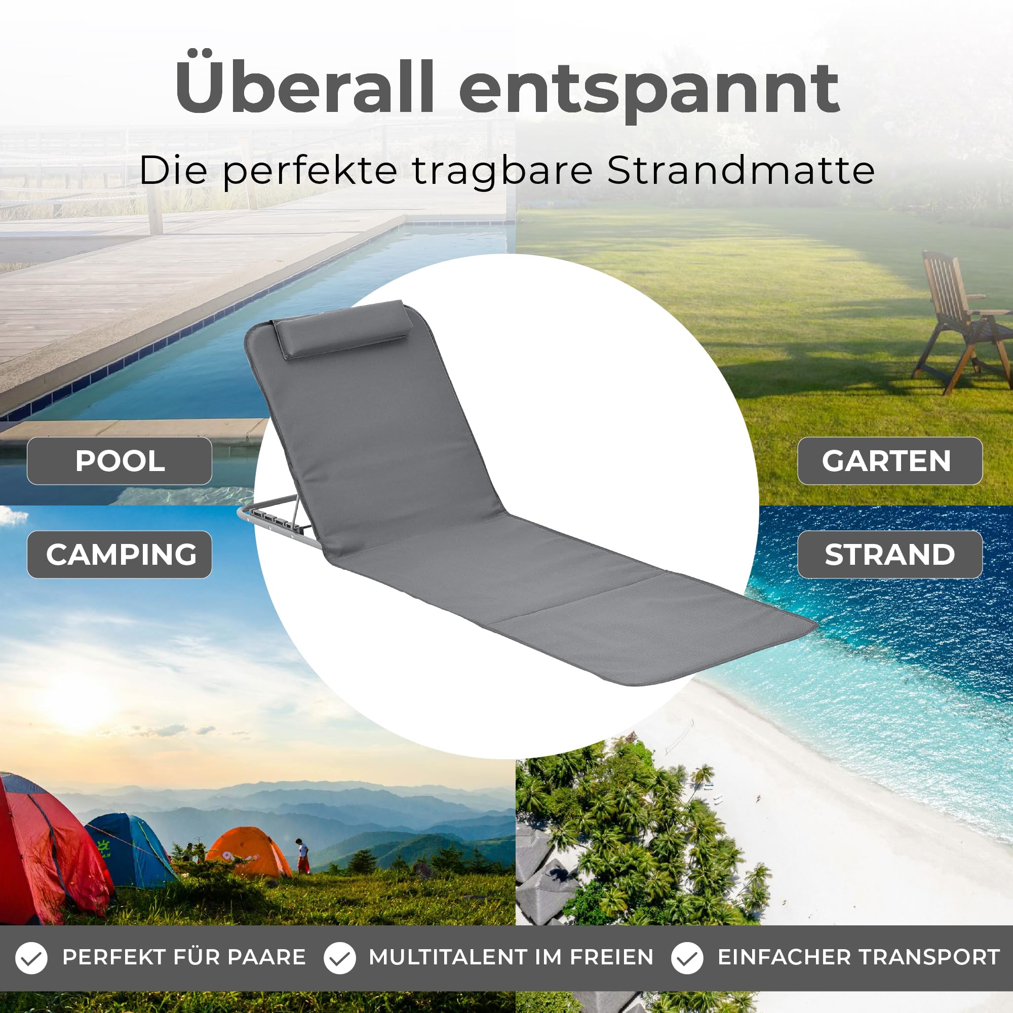 [en.casa] Strandmatte Donostia 2er Set Sonnenmatte klappbar Dunkelgrau Strandliege mit Verstellbarer Rückenlehne Liegematte mit Tragetasche 143 x 48 cm