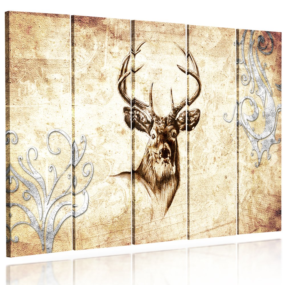 Tableau mural beige 5 pièces Cerf Feeby - Toile imprimée haute définition sur châssis robuste