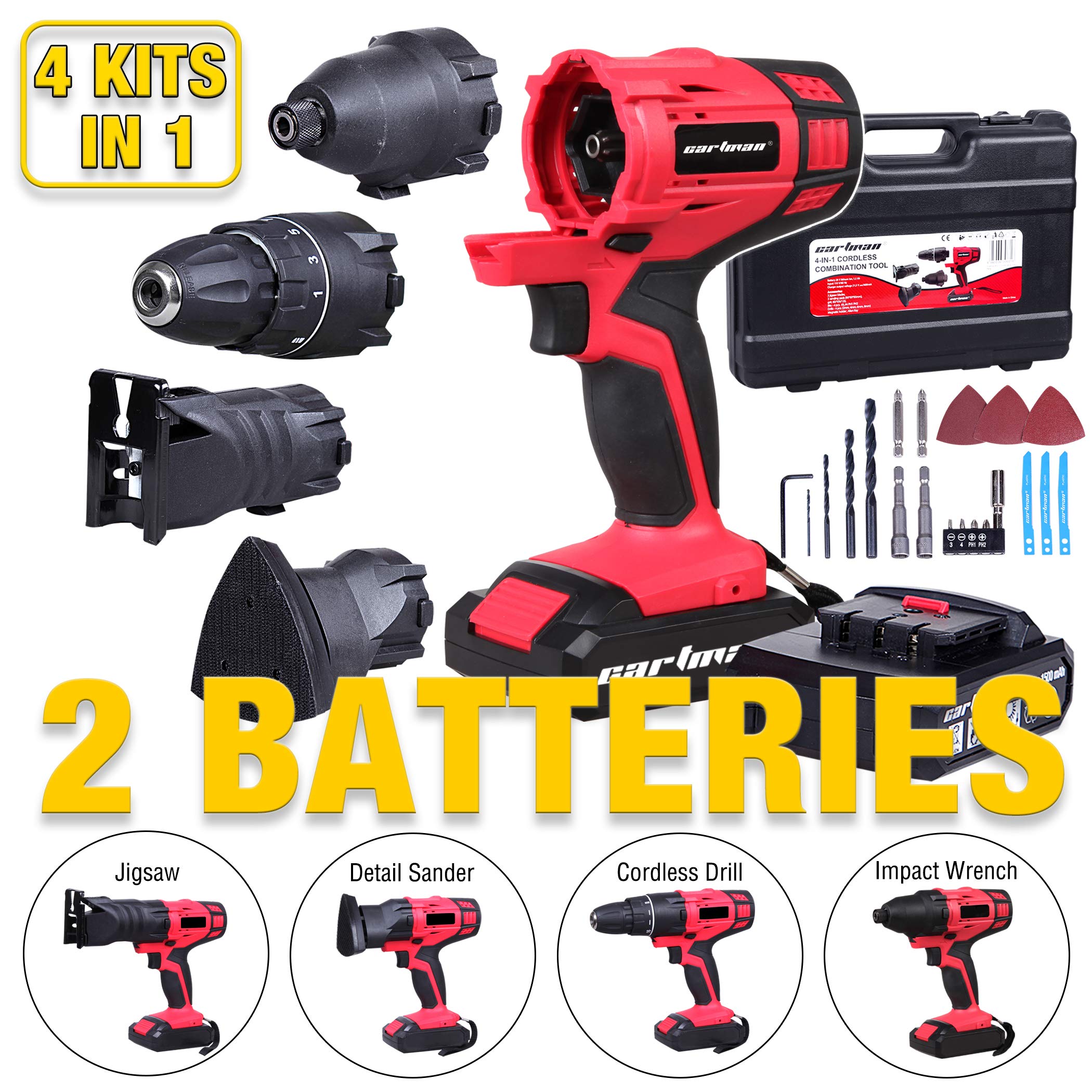 CARTMAN 4-IN-1 Cordless Combo Kit, 2x20V Battery Pack - Screwdriver, Jigsaw, Sander & Impact Wrench