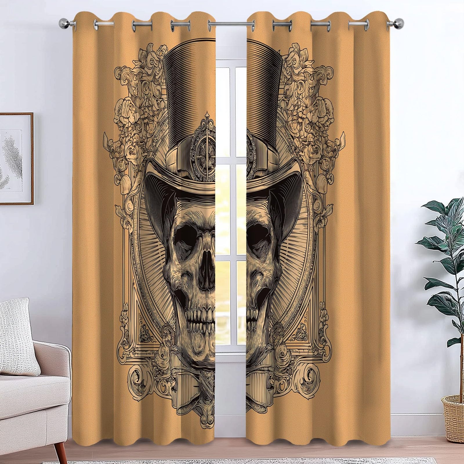 Generisch Horror Totenkopf Kopf 2er Set Verdunkelungsvorhänge mit Ösen, Steampunk Stil Blickdicht Thermo Isoliert Vorhänge für Wohnzimmer & Schlafzimmer, HxB 166 x 75 cm