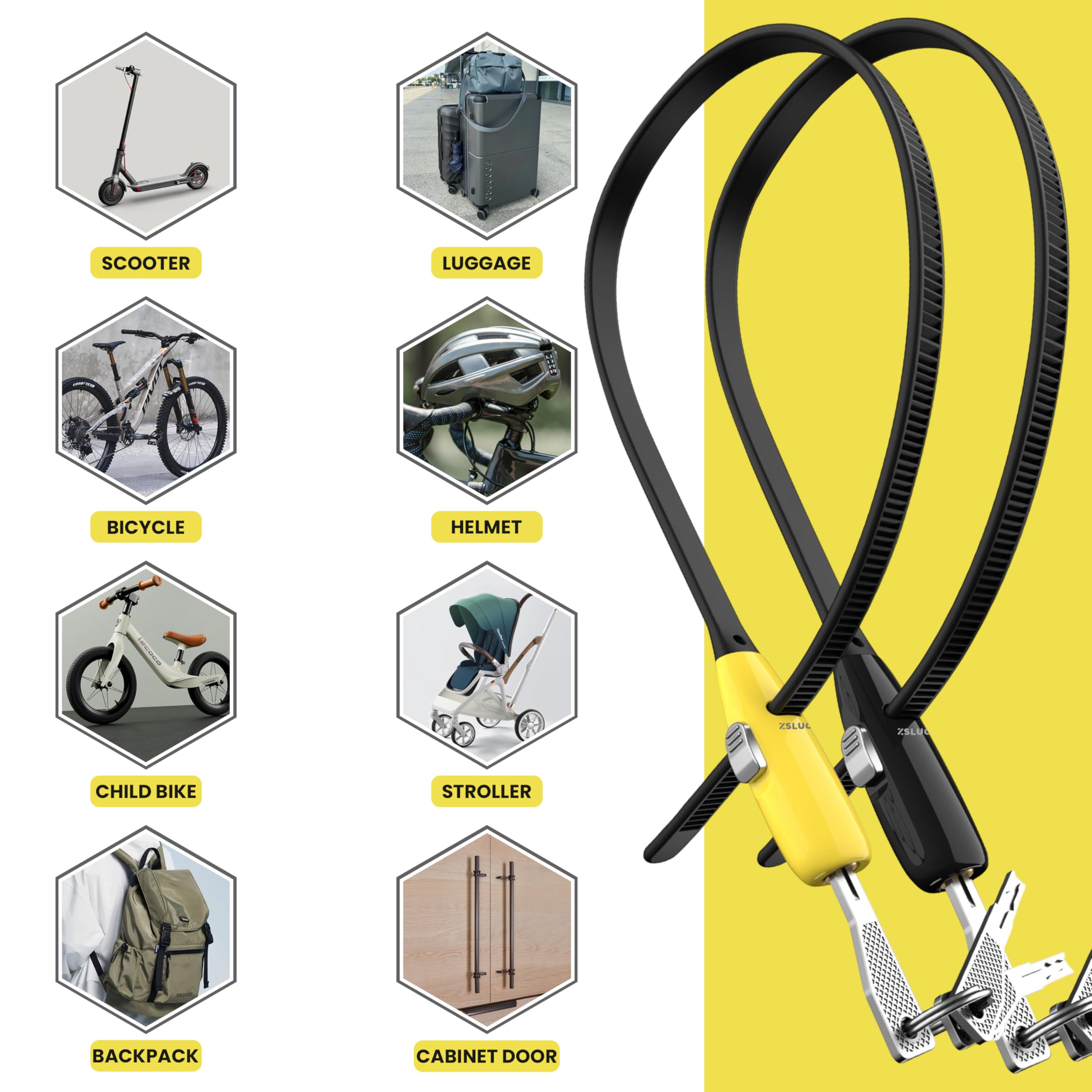 Lucchetto con chiusura a zip con 3 chiavi, 50,8 cm (2 set, nero + giallo), in acciaio inox, per biciclette, cancelli, passeggini, bagagli, frigoriferi e recinzioni