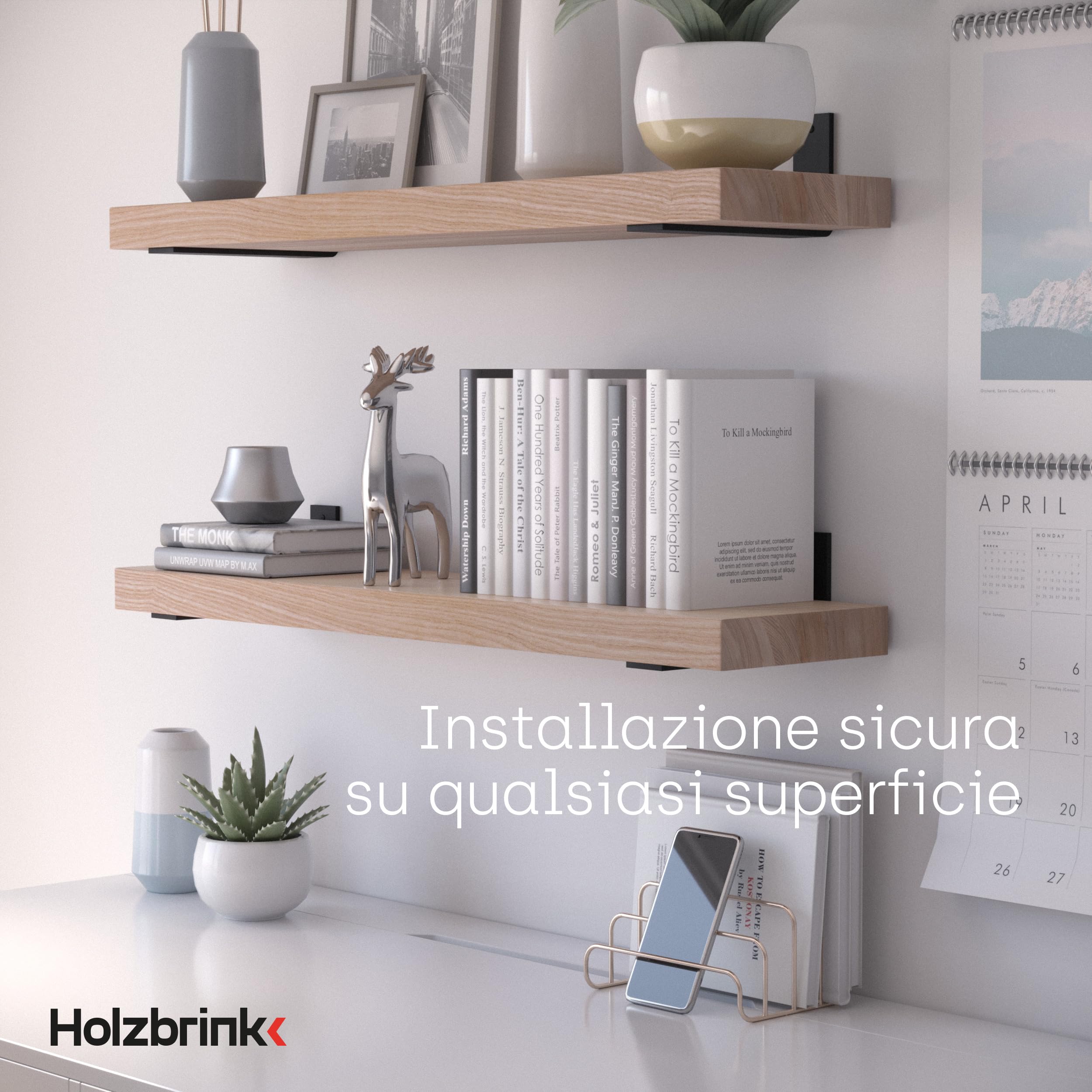 HOLZBRINK Staffa reggi mensola in metallo, supporto per mensole da parete, mensola fai-da-te, supporto, Acciaio Grezzo Laccato 200x100x40 mm, 10 pezzi, HLR-L-200-0000