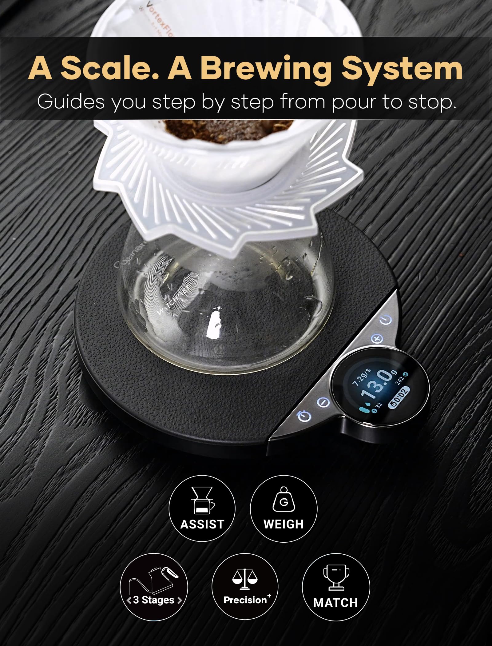 Cocinare Balance Pro - Báscula de café de precisión de 0,1 g, 3,5 kg digital con temporizador, báscula de cocina para café y alimentos, control de aplicación (negro)