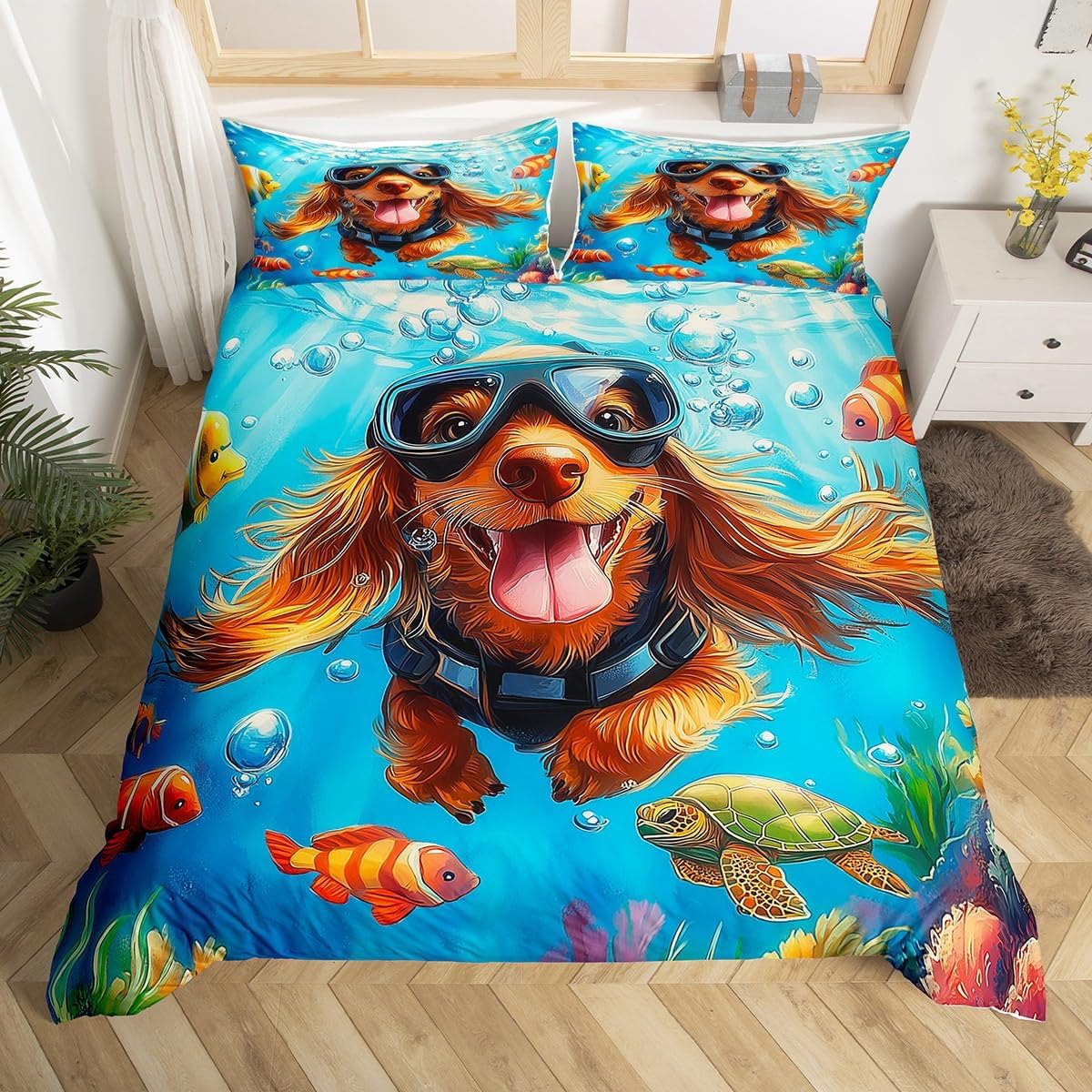 Golden Retriever Duvet Cover Set Toddler Size,Undersea Diving Puppy Dog Animal Pet Bedding Set,Boys Girls Room Decor,Marine Sea Turtle Clownfish Comforter Cover,Blue Quilt Cover,1 Pillowcase,No Filler