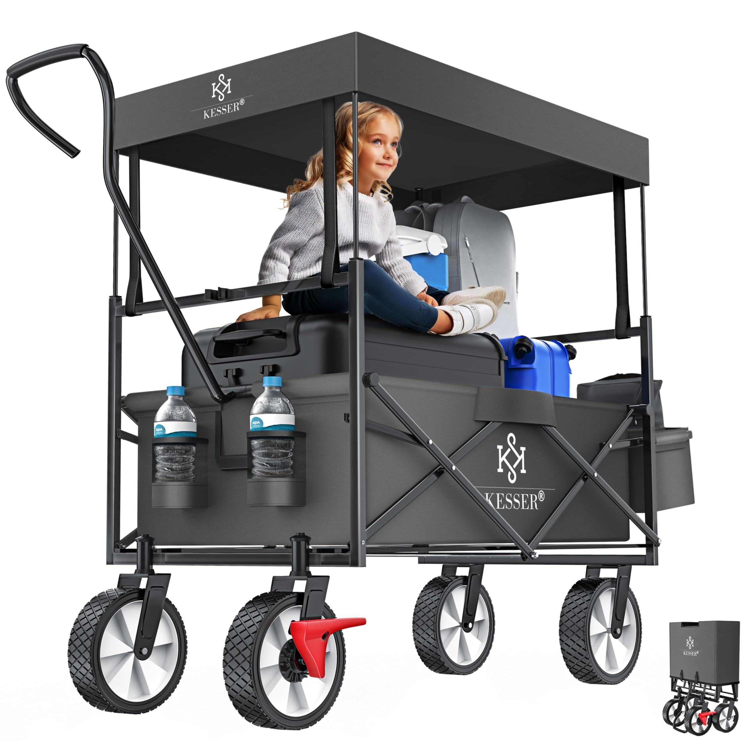KESSER® Carrello pieghevole con tetto, carrello per attrezzi, con 2 tasche a rete e una tasca esterna, con freno anteriore, pieghevole, pneumatici in gomma piena, portata fino a 100 kg