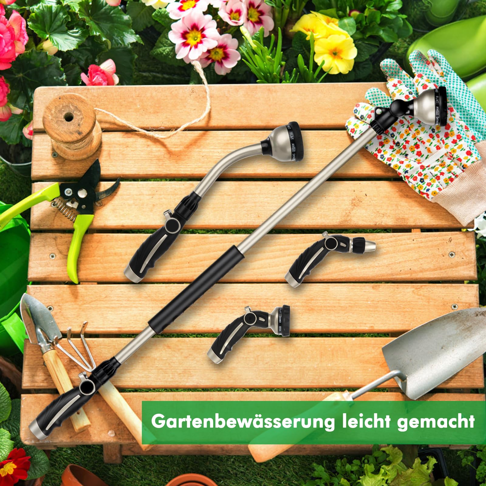 RESTMO 92 cm Untra Langer Gießstab, Gartenbrause Metall mit 180° schwenkbaren Kopf | 10 Sprühmustern | Daumenflusskontrolle | Bewässerung Zauberstab zum für Blumenampeln und Sträucher