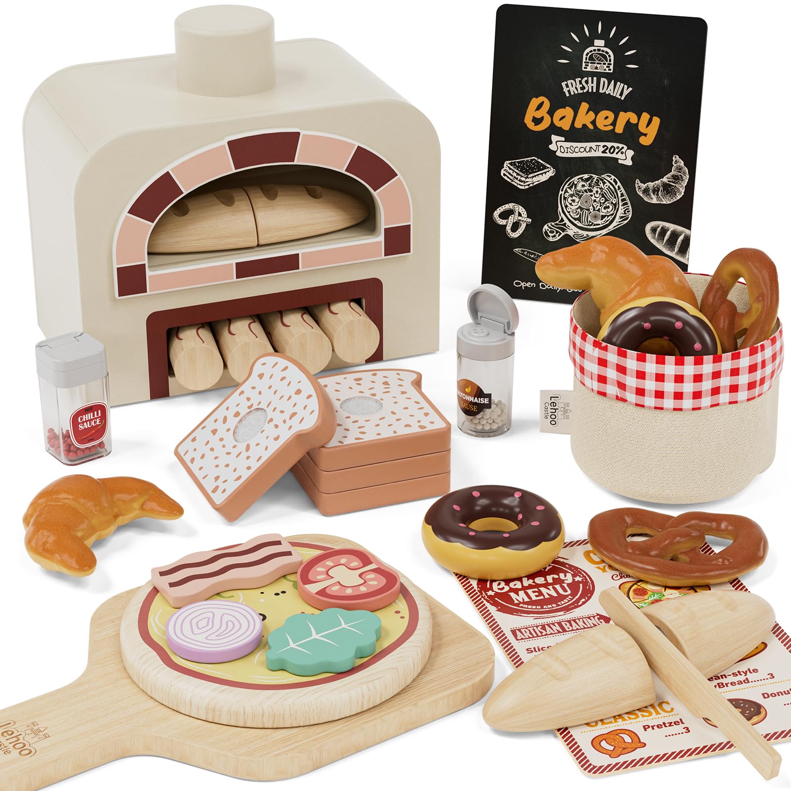 Lehoo Castle Cucina Giocattolo per Bambini, Pizza Giocattolo in Legno, Accessori Cucina Bambini, Giochi Bambino Bambina 3-5 Anni
