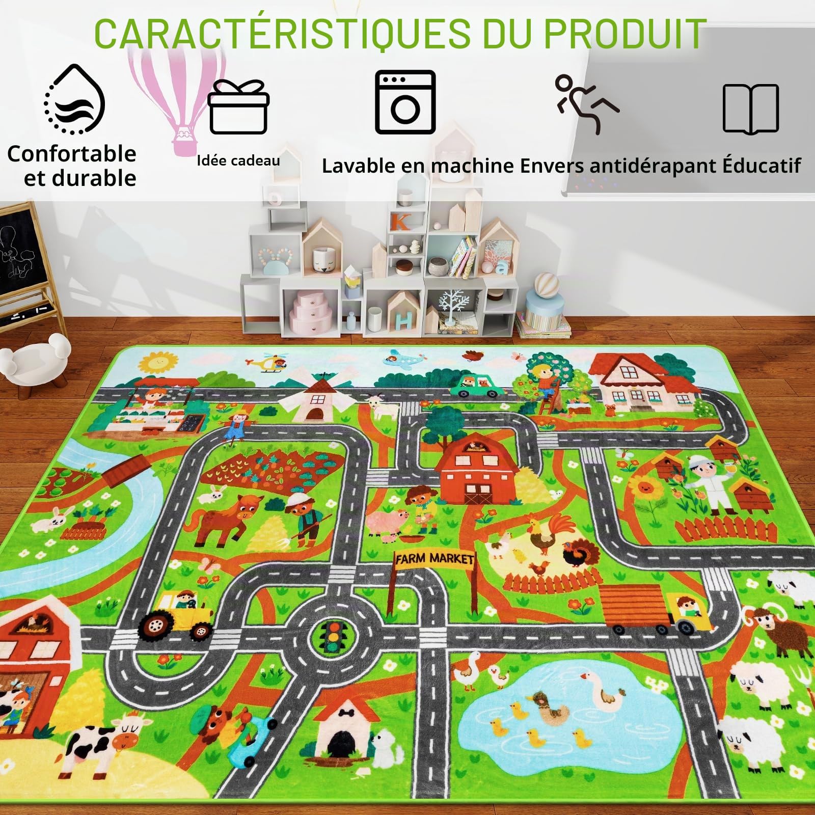 Tapis de jeu pour enfants pour voitures jouets, 150 x 100 cm, marché à la ferme, circulation routière, pour salle de jeux, voiture, carte de village, tapis de jeu antidérapant et lavable, pour