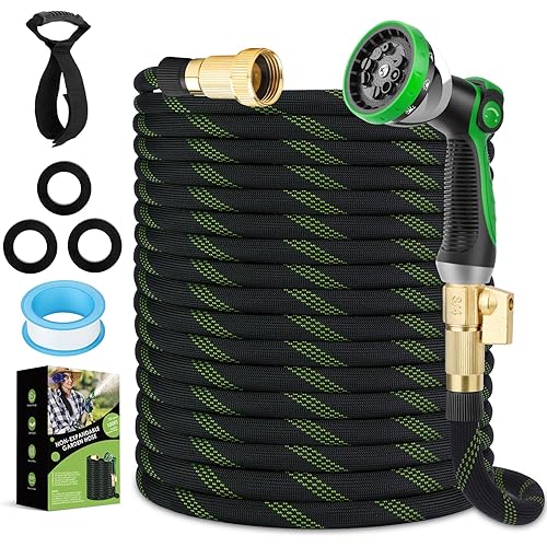 Garden Hose 100 ft, NON-EXPANDABLE Ultra Lightweight & Flexible Water Hose With 10-Pattern Spray Nozzle, Kink-Free Hose, Leak-Proof, 3750D High-Density Fabric & Brass Fittings, Hose Straps
