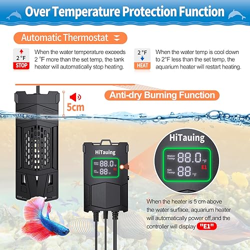 Miniatura 4 de HiTauing Calentador de acuario de 300 W500 W800 W1000 W, calentador de tanque de peces con chip IC inteligente y controlador de sistema PID, sonda