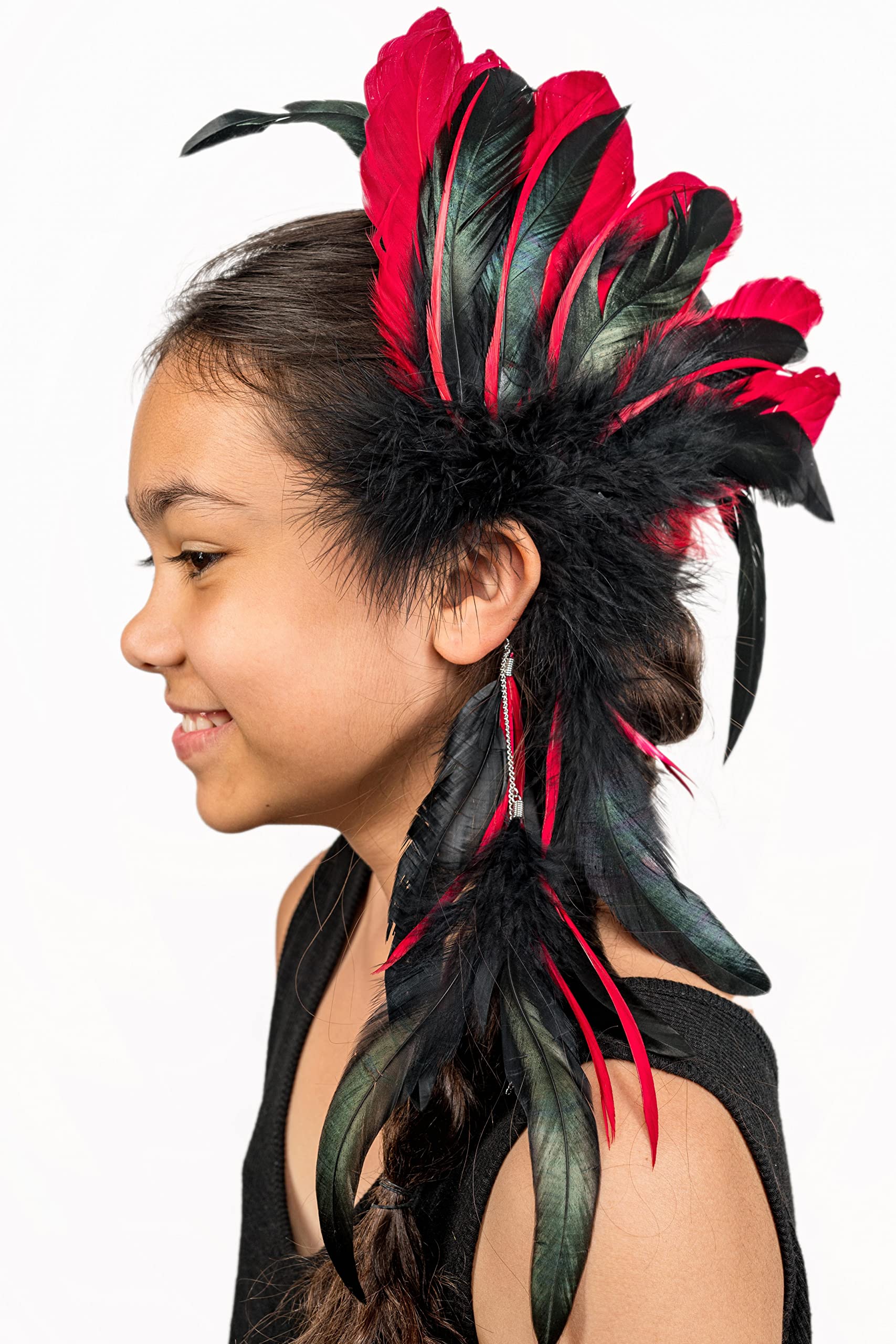 ZUCKER Feather Fascinators for Women - Black & Red Festival, Mardi Gras Ear Cuff Clip with Pierce-less Feather Earrings