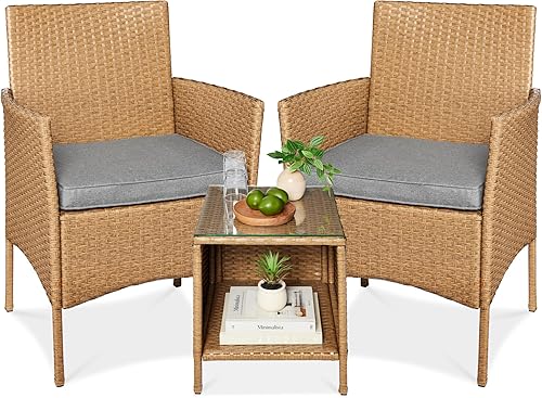Miniatura 89 de Best Choice Products Juego de 3 piezas de mimbre para conversación al aire libre, muebles de patio que ahorran espacio para jardín con mesa