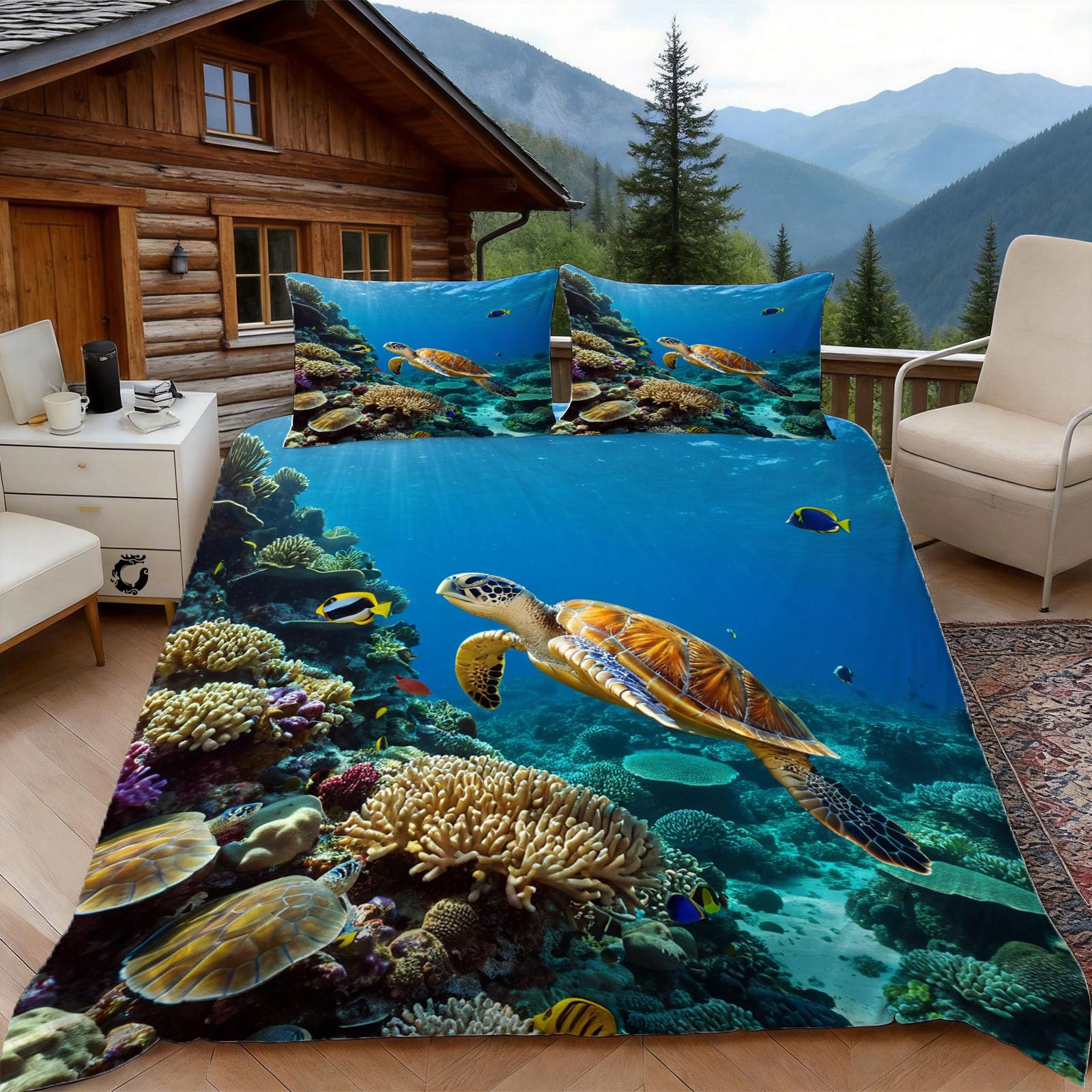 3D Double Duvet Set 3D Printed Sea Turtle Bedding, Ocean Scenery Soft Microfibre Duvet Cover Sets Quilt Cover and Pillow Set with Zipper 3 Pcs