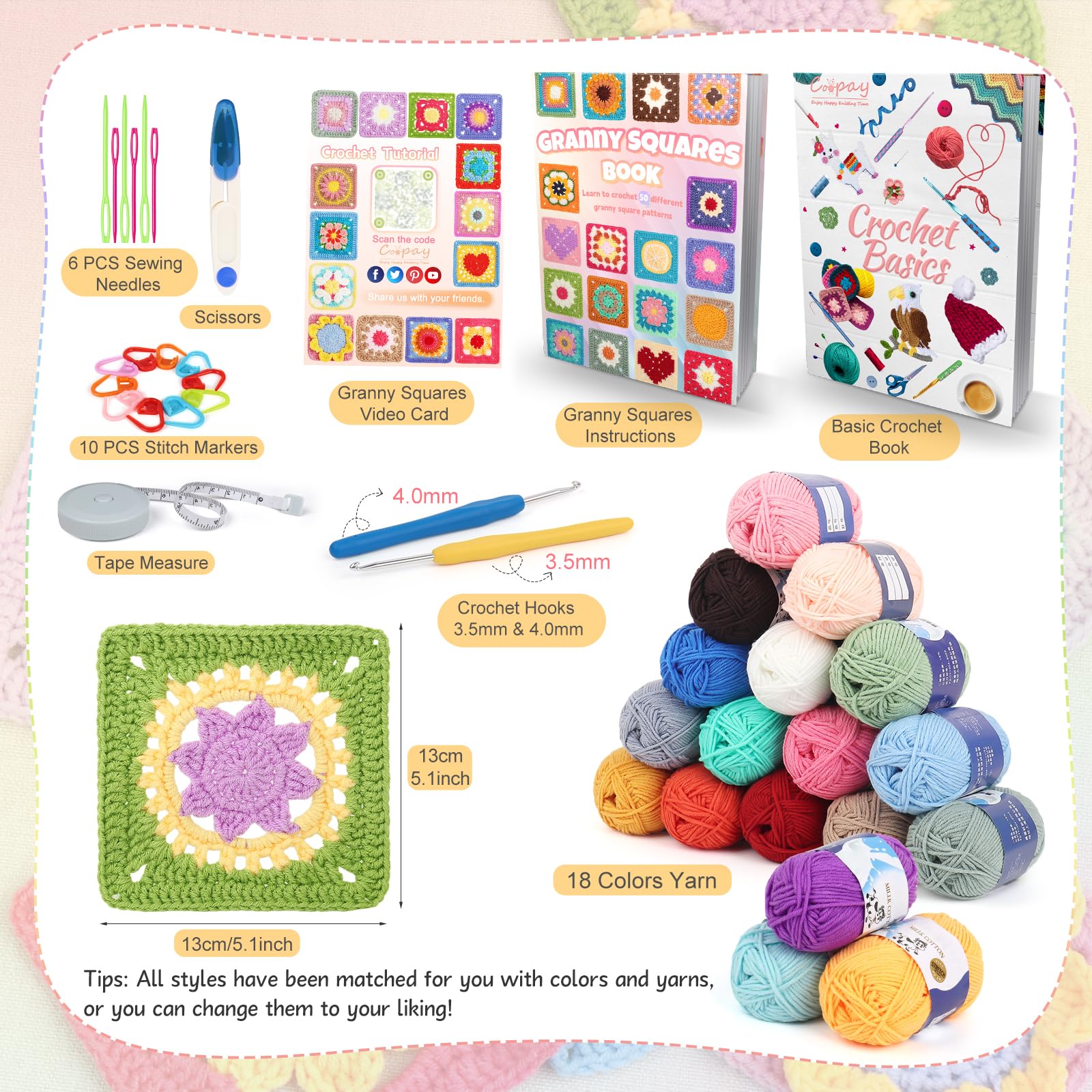 Coopay Quadratisches Häkelset für Anfänger, Häkel-Starter-Set, komplettes Häkelset mit Garn in 18 Farben und 3 quadratischen Häkelbüchern, Häkelstichkartendeck – 50 verschiedene Designs