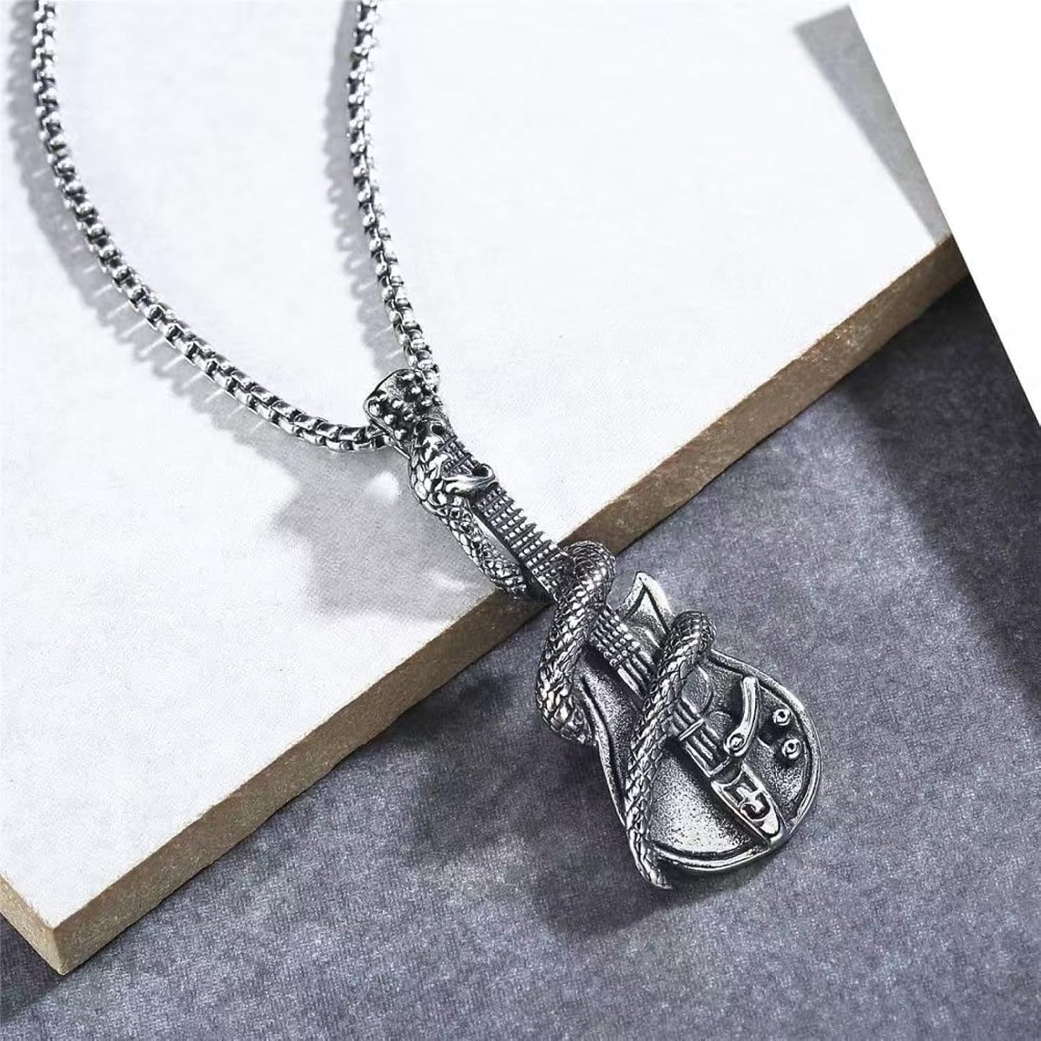 Snake Wrapped Electric Guitar Pendant Necklace, Stainless Steel image 5