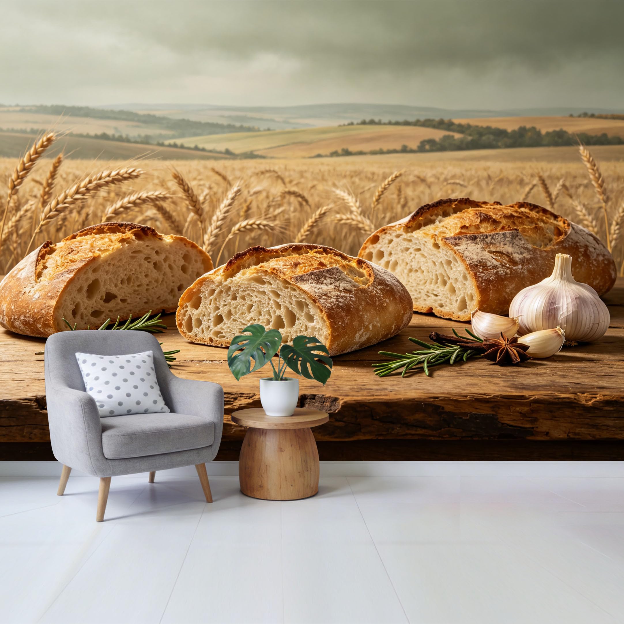 Custom Size Wall Mural Rustic Sourdough Bread Wheat Field Farmhouse Still Life SelfAdhesive Wall Fabric Removable Wallpaper for Home Office Decor