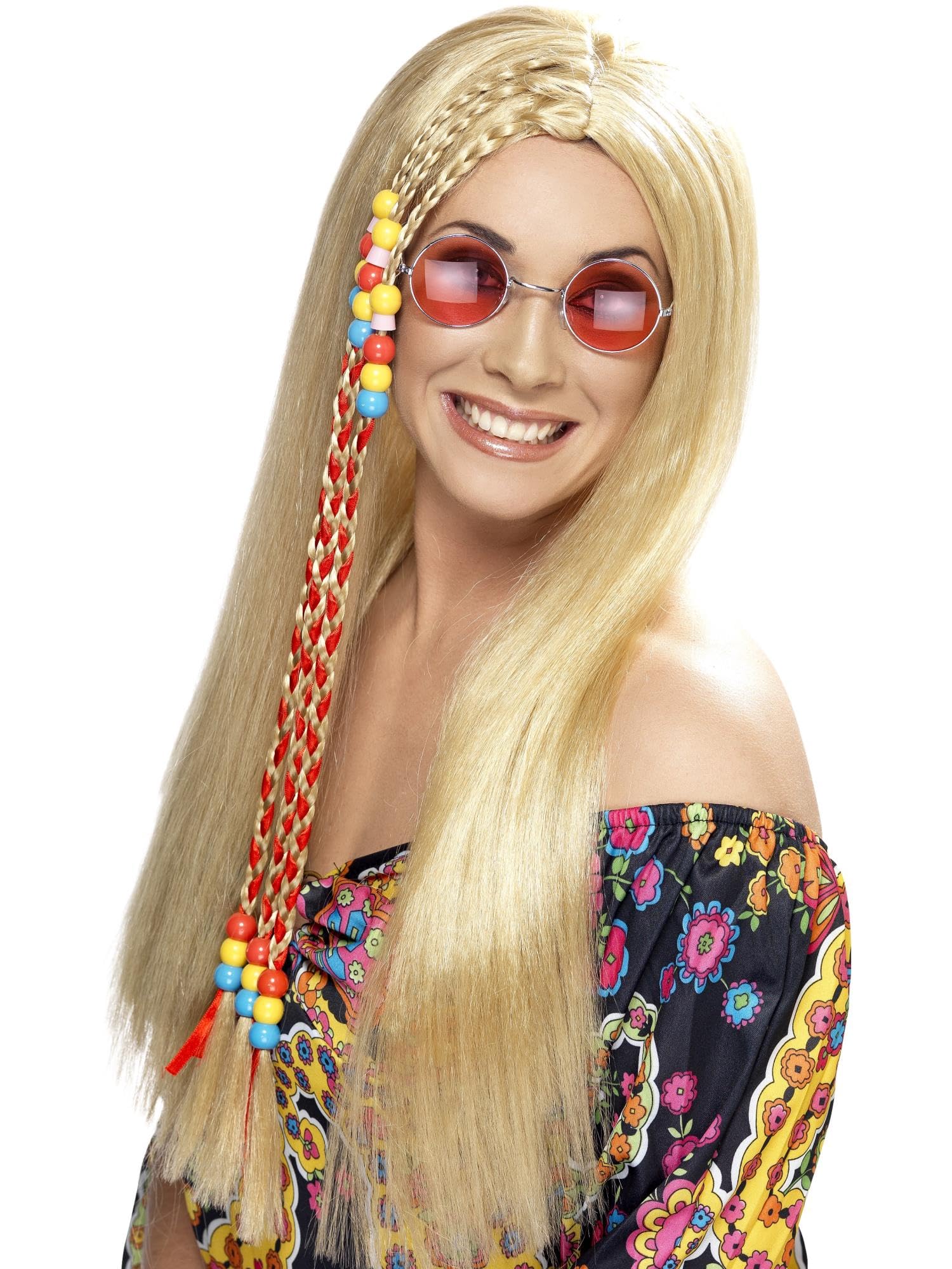 Smiffys Hippie Party Perücke, Blond, Lang mit farbigen Perlen Halloween