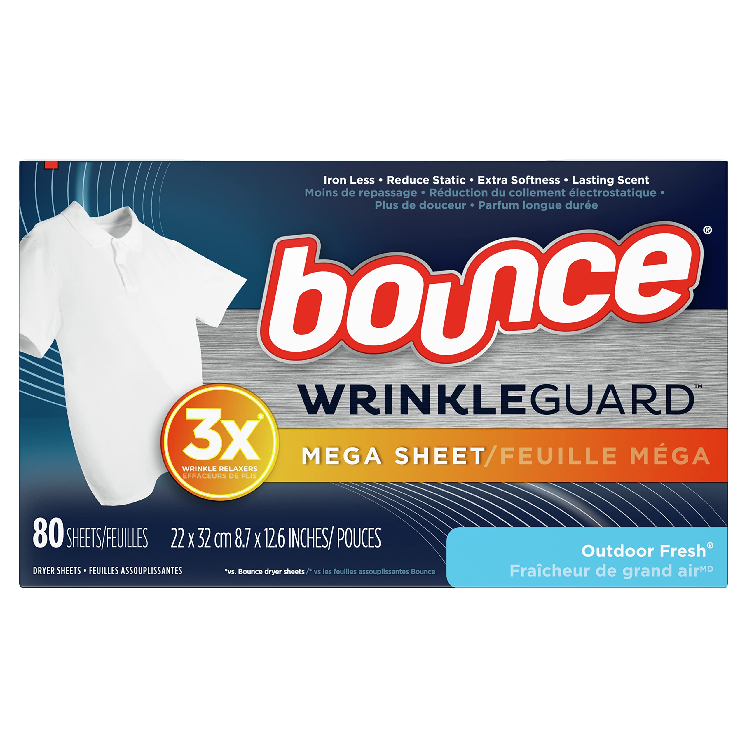 Bounce Wrinkle Guard Mega Secador Sábanas, suavizante de tela y liberador de arrugas, aroma fresco al aire libre, 80 unidades