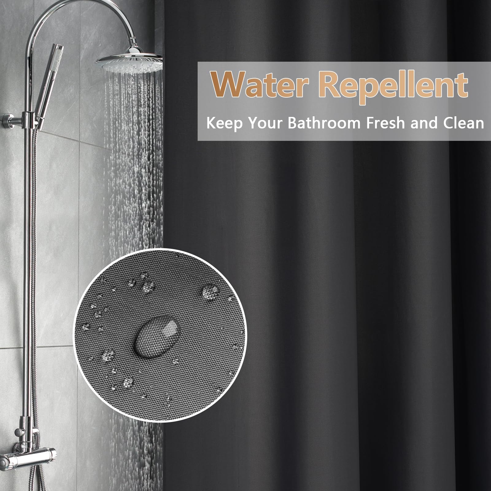Seenus Doublure de rideau de douche extra longue en tissu imperméable avec 3 grands aimants, gris foncé, lavable en machine, 183 x 198 cm