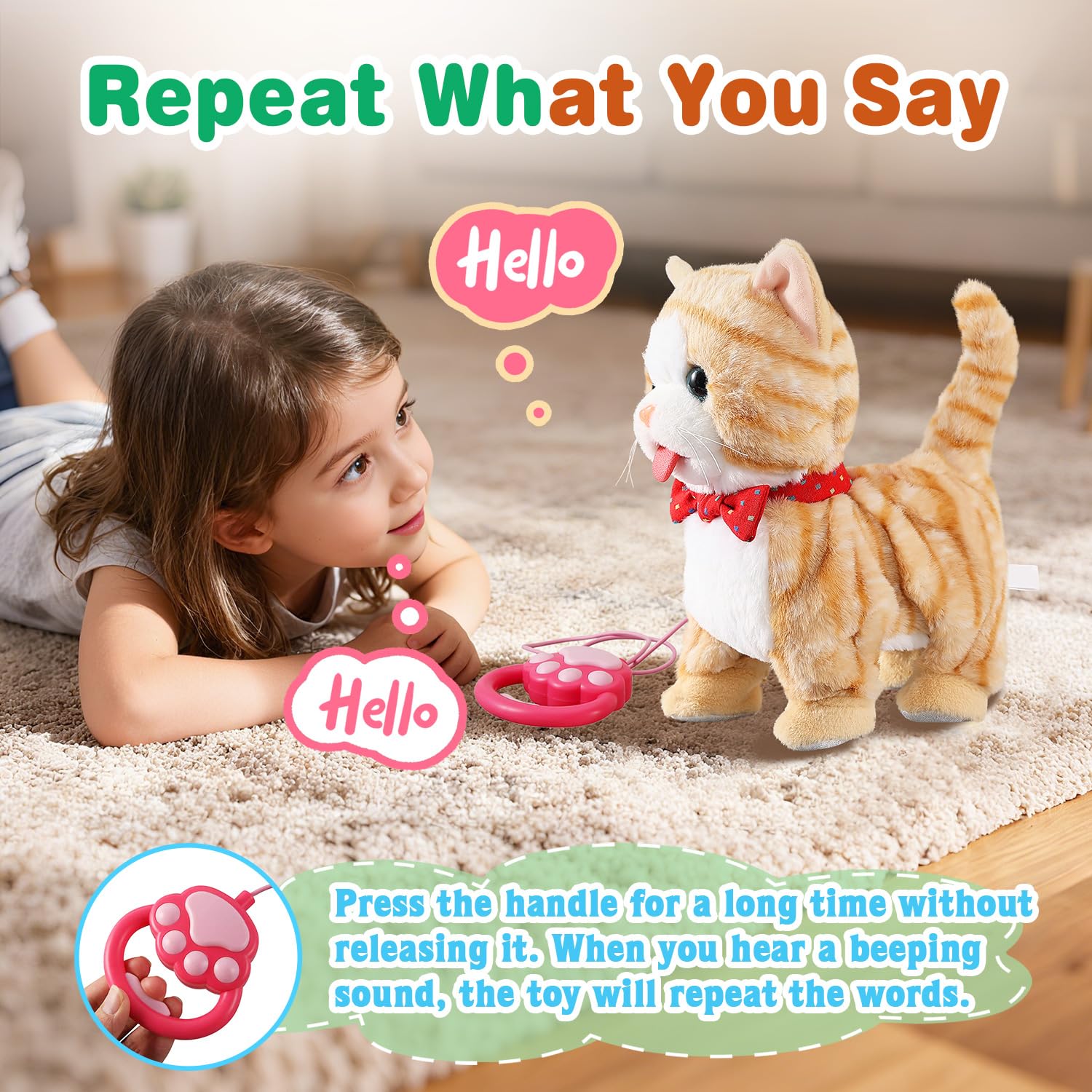 Juego de correa amarilla para gatos que camina interactivo, gato que habla, canta, baila, gatito, imita, repite lo que dices, gatito táctil y control de voz, asintiendo con la cola, gatito eléctrico