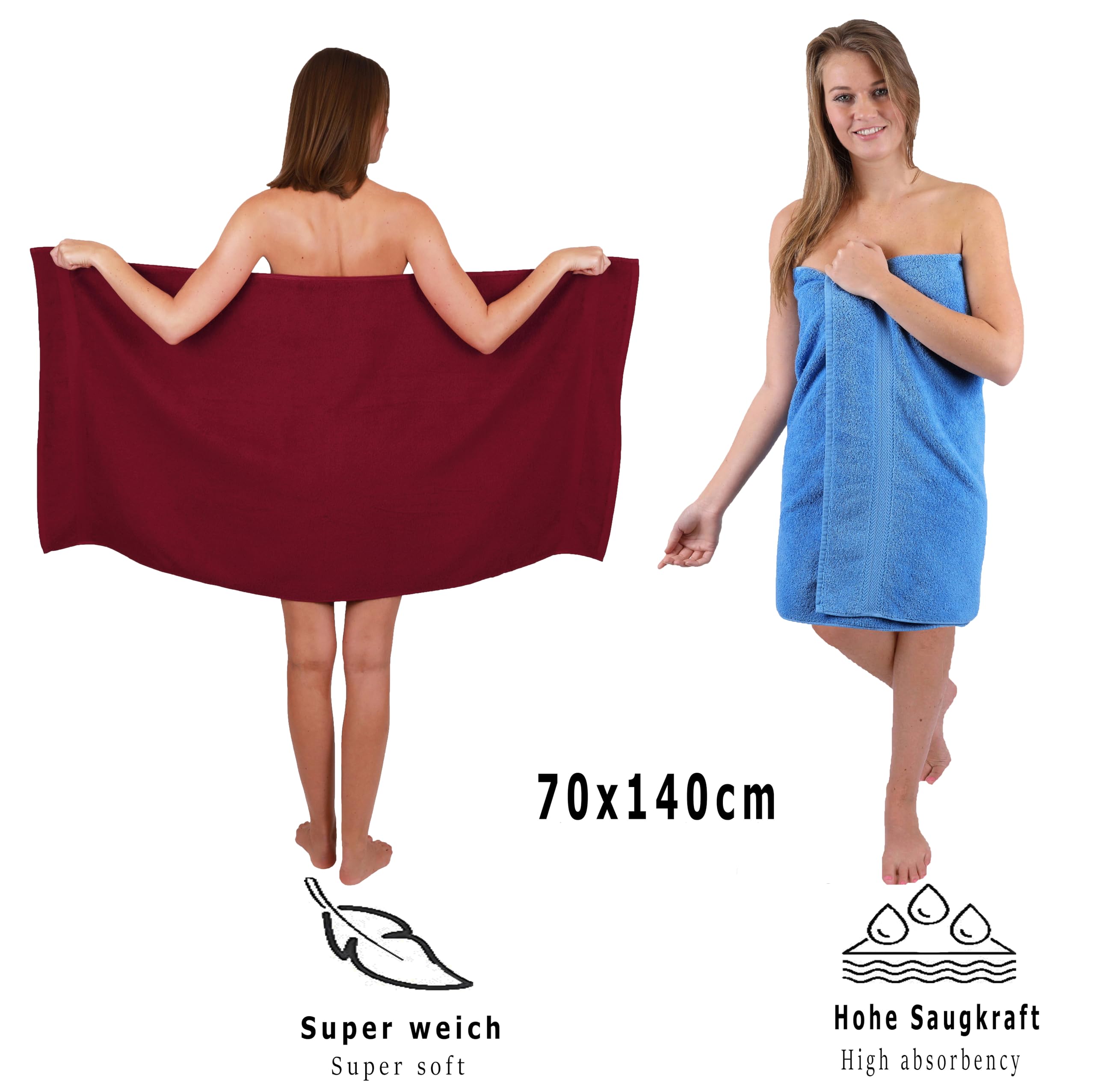 Betz Juego de 10 Toallas Classic 100% algodón 2 Toallas de baño 4 Toallas de Lavabo 2 Toallas de tocador 2 Toallas faciales Rojo Oscuro y Azul Claro