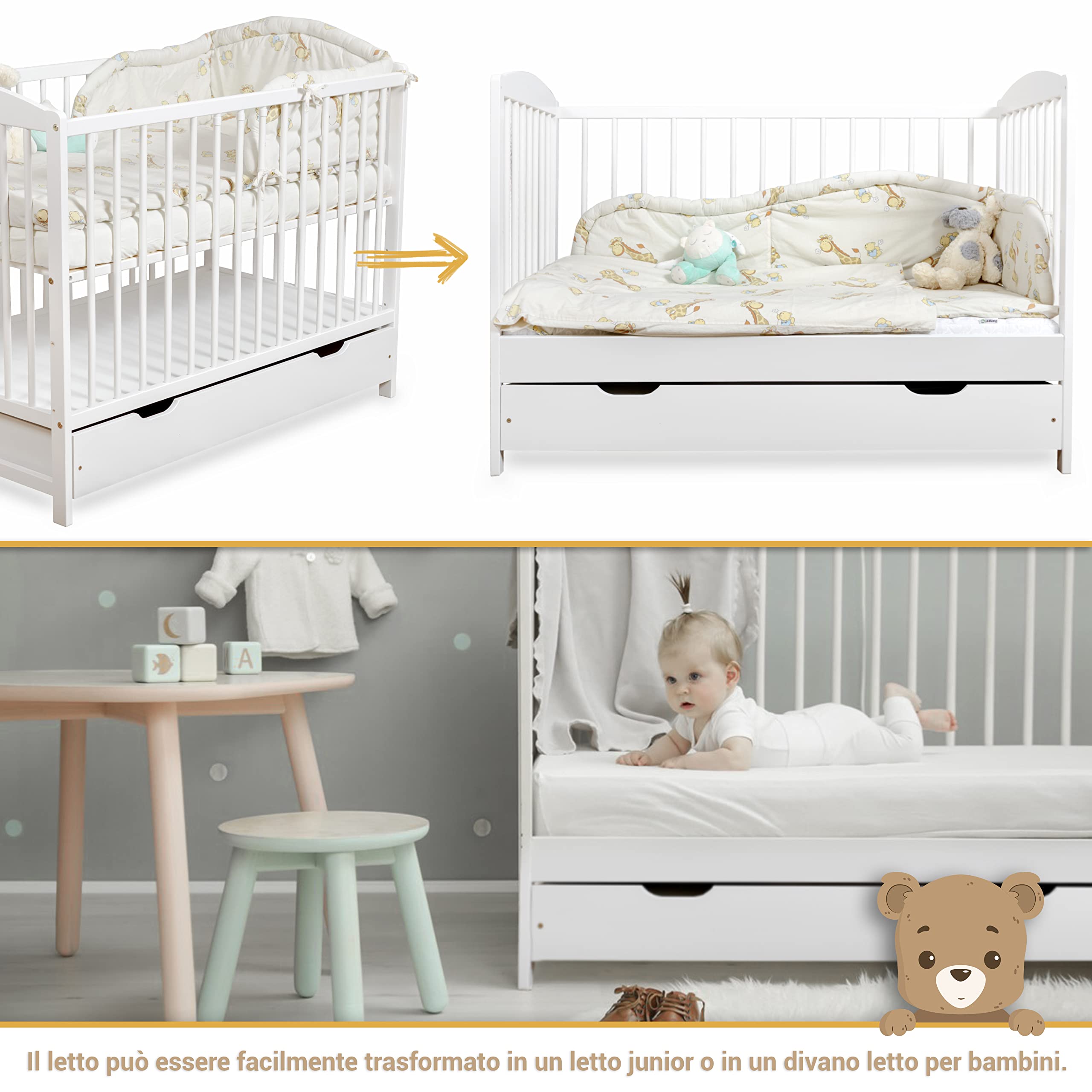 Lettino Neonato 2in1 con Sponda regolabile e Cassetto - Lettino Bambino con 3 Sbarre Estraibili - Lettino in Legno con Barriera di Sicurezza - Trasformabile in Letto Bambini - 60x120 Bianco