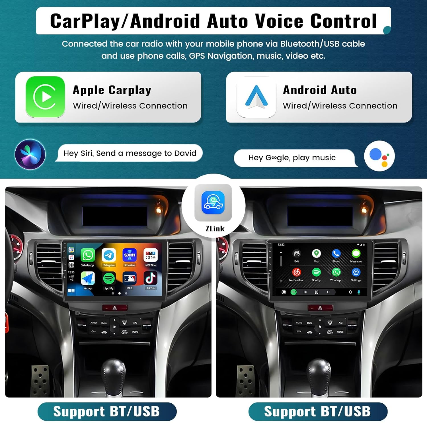 Screenshots showing Apple CarPlay and Android Auto interfaces on the car stereo, with voice command examples