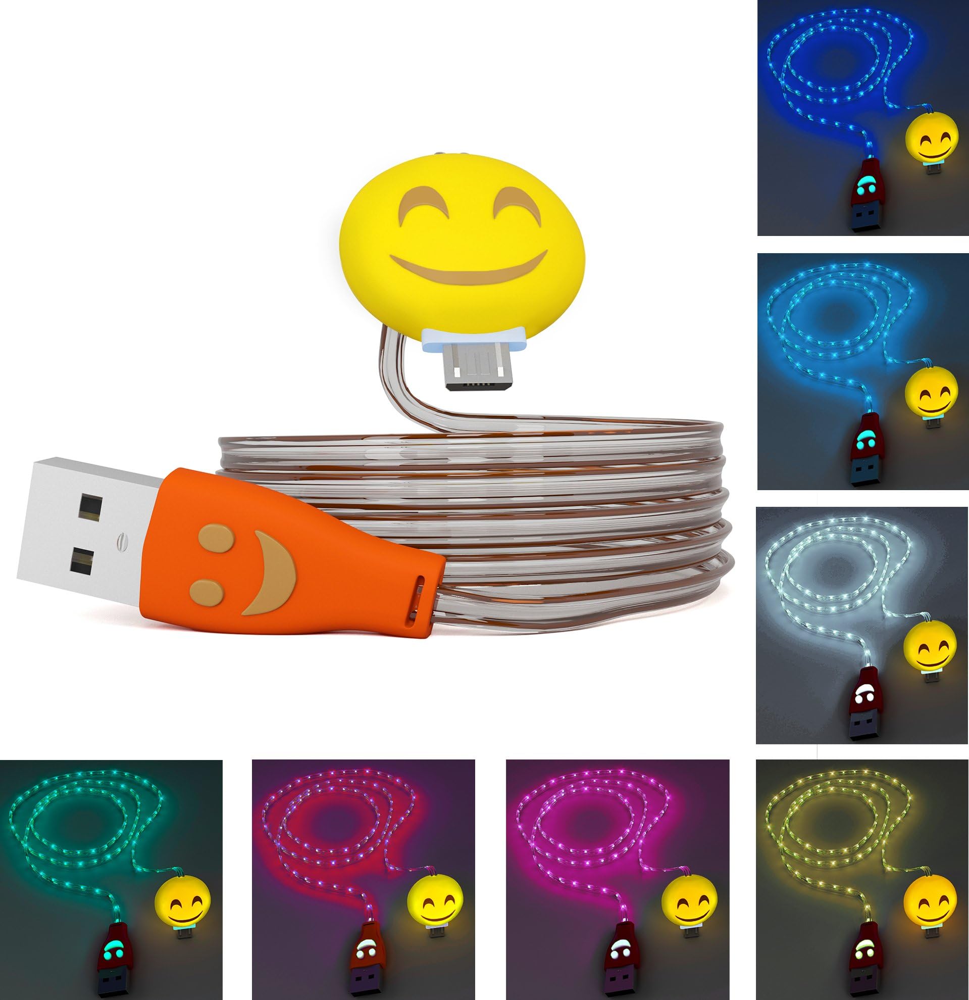 Micro USB Cable Emoji Face Multi-Colour Charger Cord Data LED Night Light Charging Cartoon Sync 3FT glow in the dark Android Samsung Galaxy Edge S4 Note 2 4 5 Mega HTC One M9