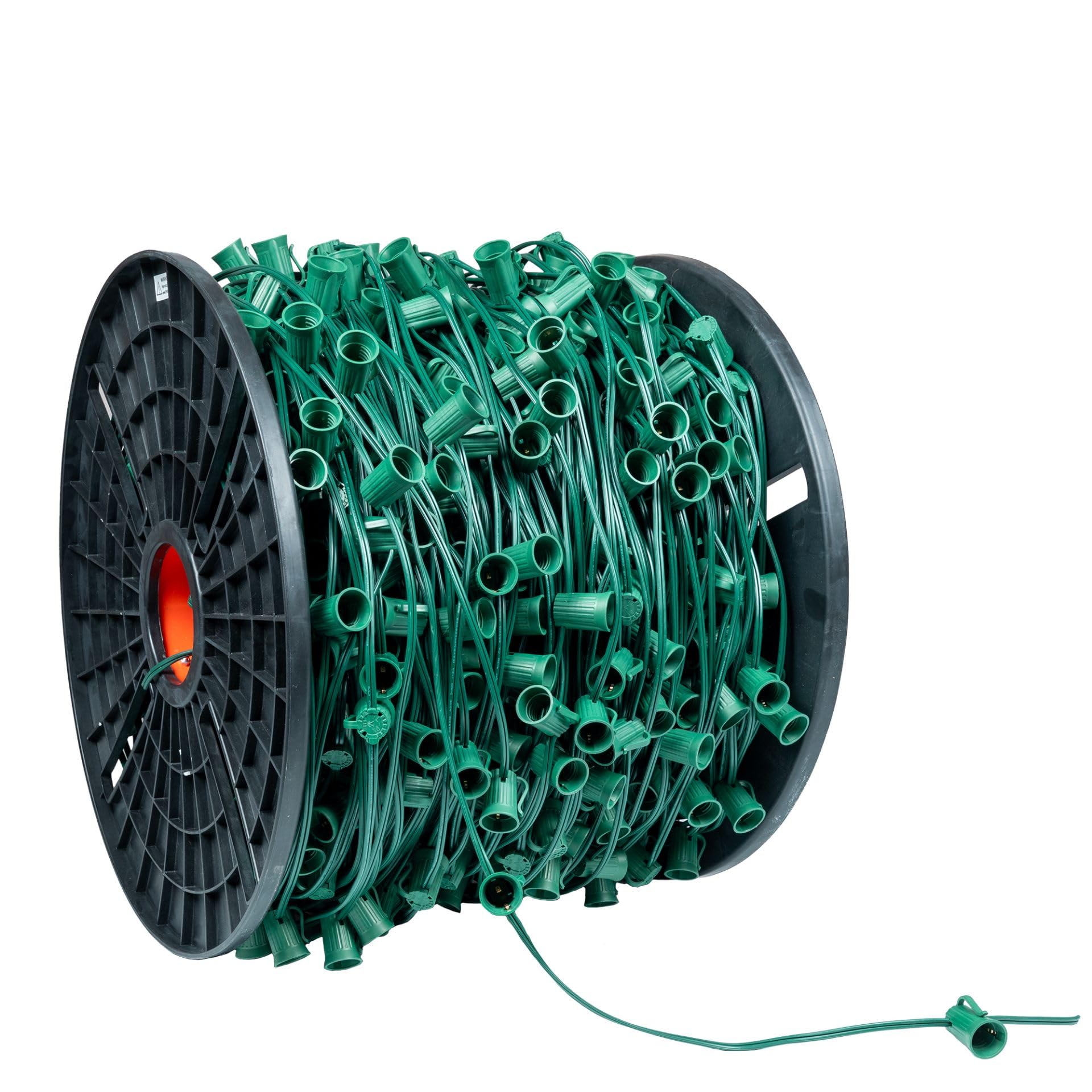 Novelty Lights 1.000 Feet C9/E17 Socketed Light Spool, 6 Inch Spacing Green Wire Bulk Reel, 8 Amp SPT-1 Draht, Commercial Grade, Indoor/Outdoor All Weather, For Cutting Custom Lengths