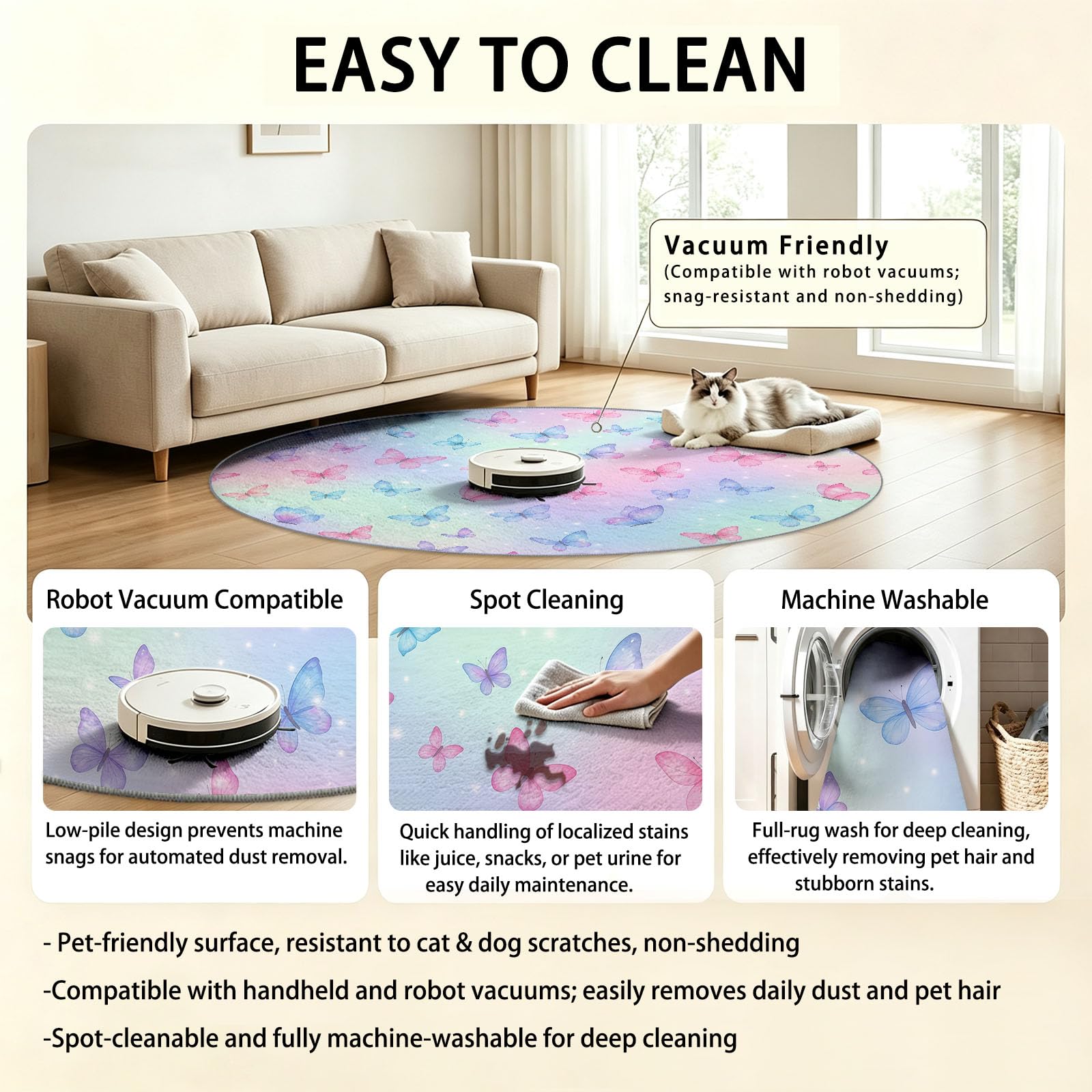 Générique Tapis Rond 120 cm Lavable Machine, Moquette Antidérapante Poil Bas Style Insecte Arc-en-Ciel, Motif Papillon Ombré Arc-en-Ciel Moderne Doux pour Chambre De Fille, Multicolore
