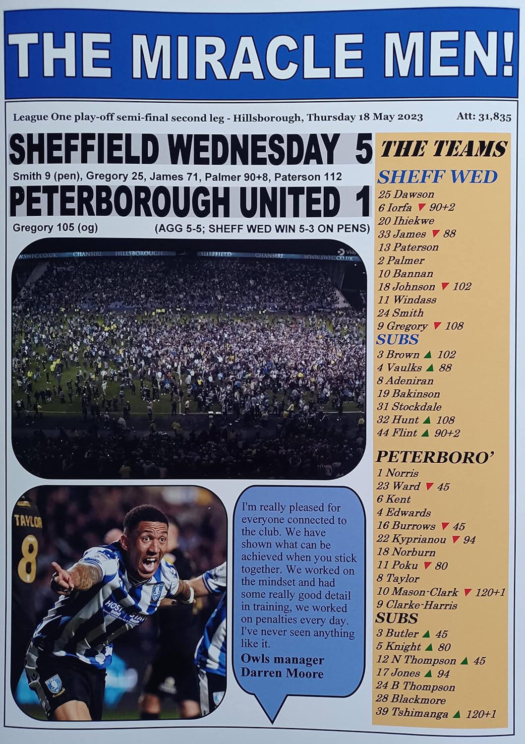 Sheffield Wednesday 5 Peterborough United 1-2023 League One play-off semi-final - souvenir print