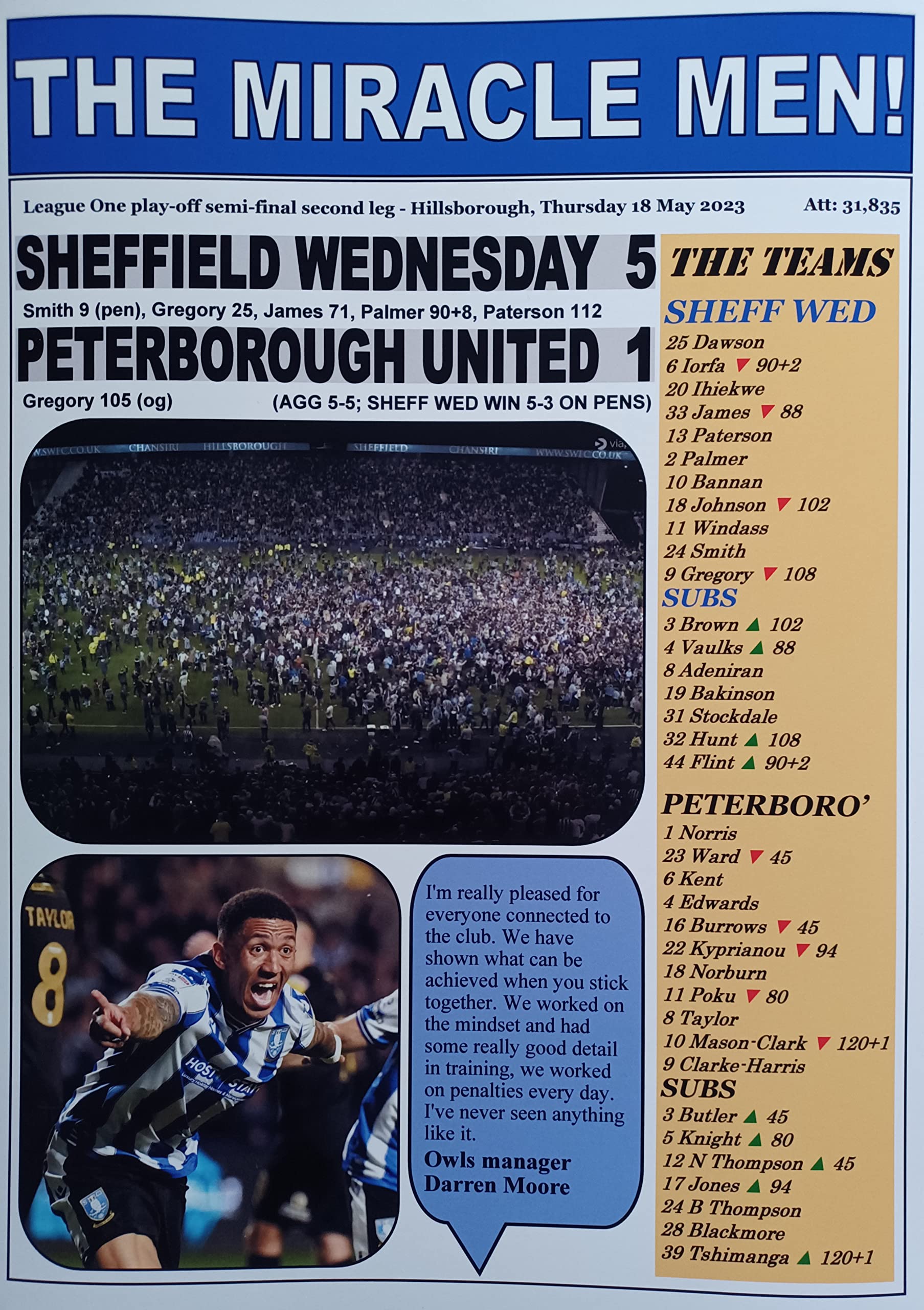 Sheffield Wednesday 5 Peterborough United 1-2023 League One play-off semi-final - souvenir print