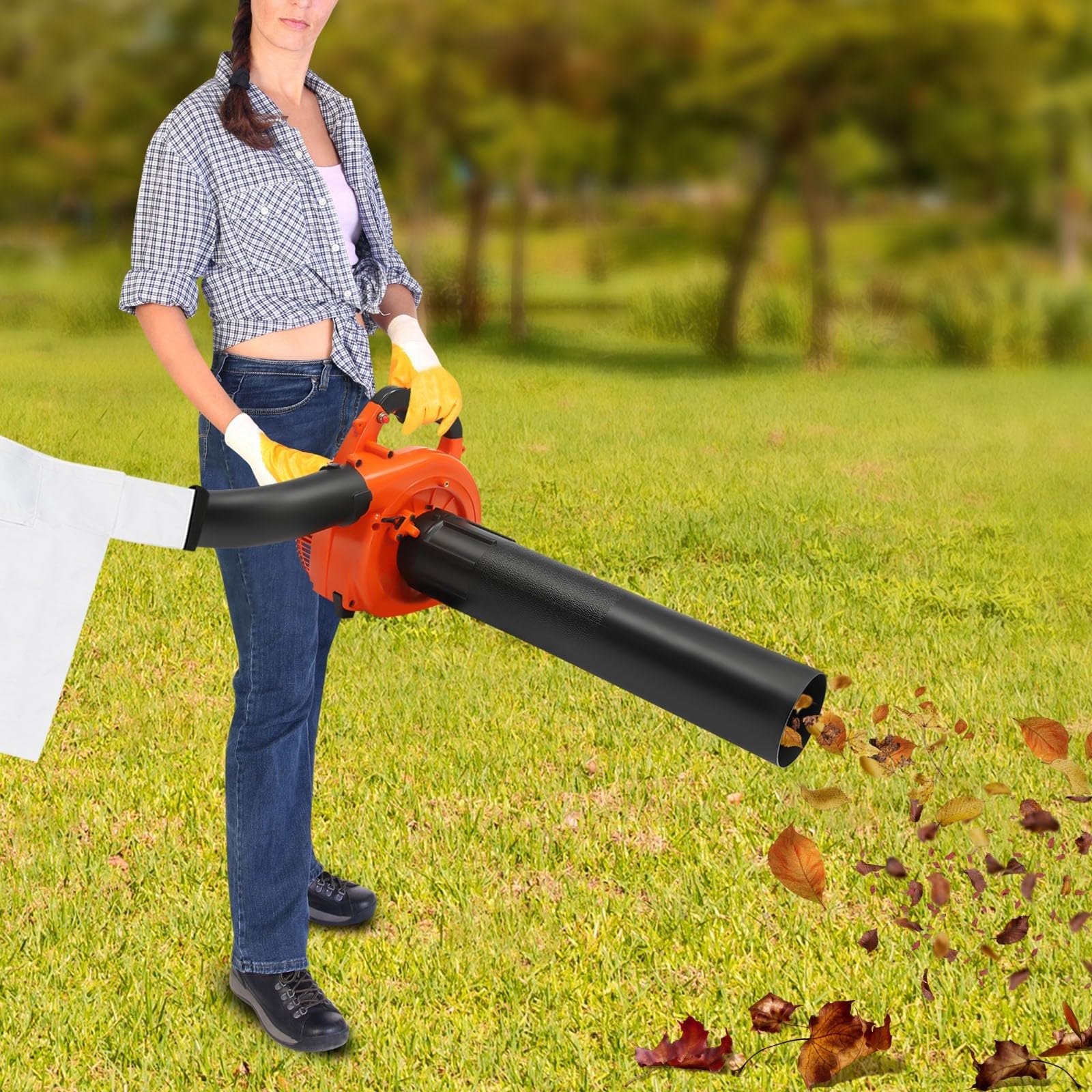 Soplador de hojas con motor de gasolina, dispositivo de mano con capacidad de 25,4 cm³, 0,75 kilovatios, soplador y tubo de aspiración para jardín, limpieza de carreteras y eliminación de
