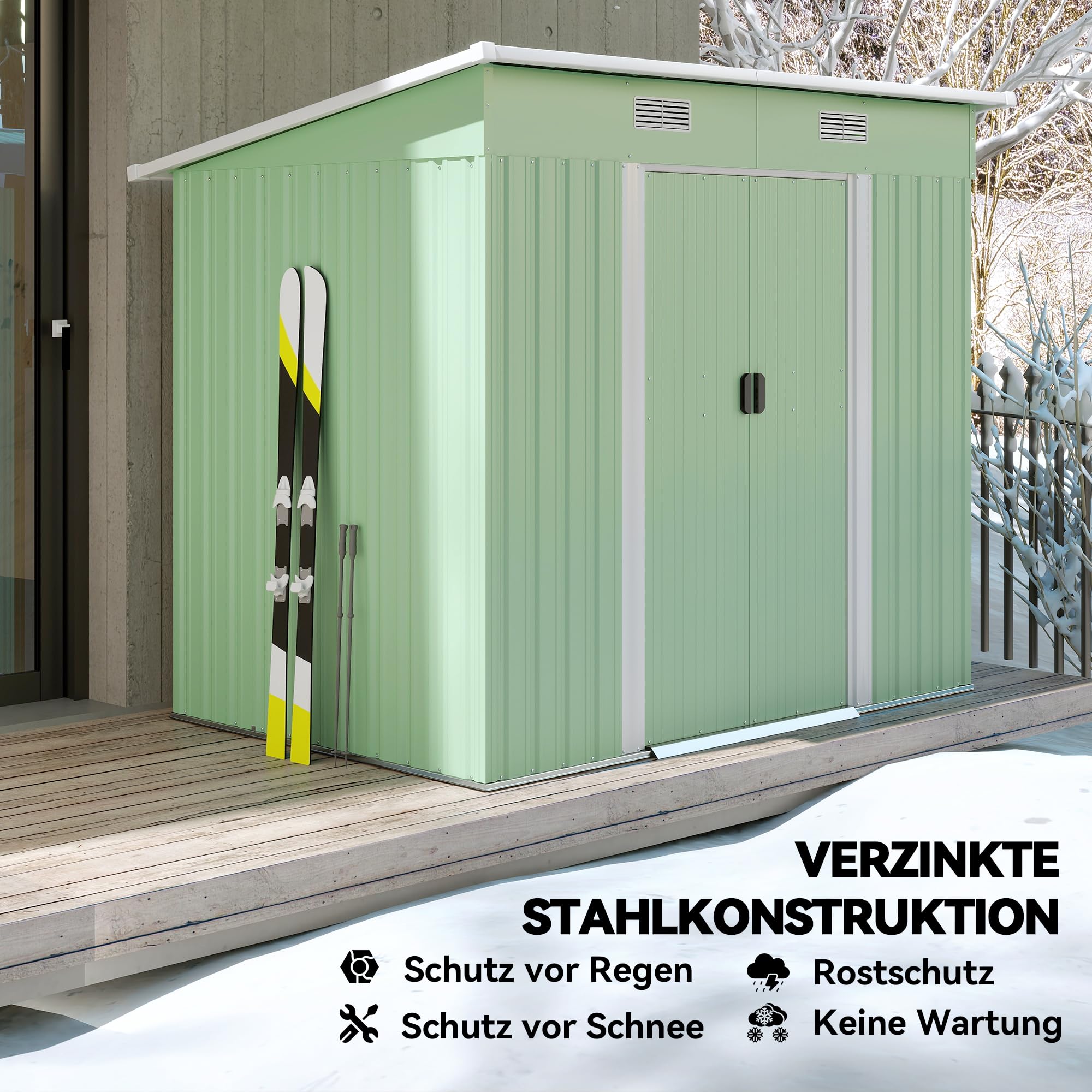 Outsunny Gerätehaus 2,3 m² 207 x 130 x 182 cm Metall Garten Schuppen mit Fenster Pultdach Schiebetüren Fundament wetterfest Geräteschuppen Outdoor Gartenhaus für Hinterhof Grün | Metall Garten Schuppen, Schiebetüren, Fundament, Wetterfest, Geräteschuppen,