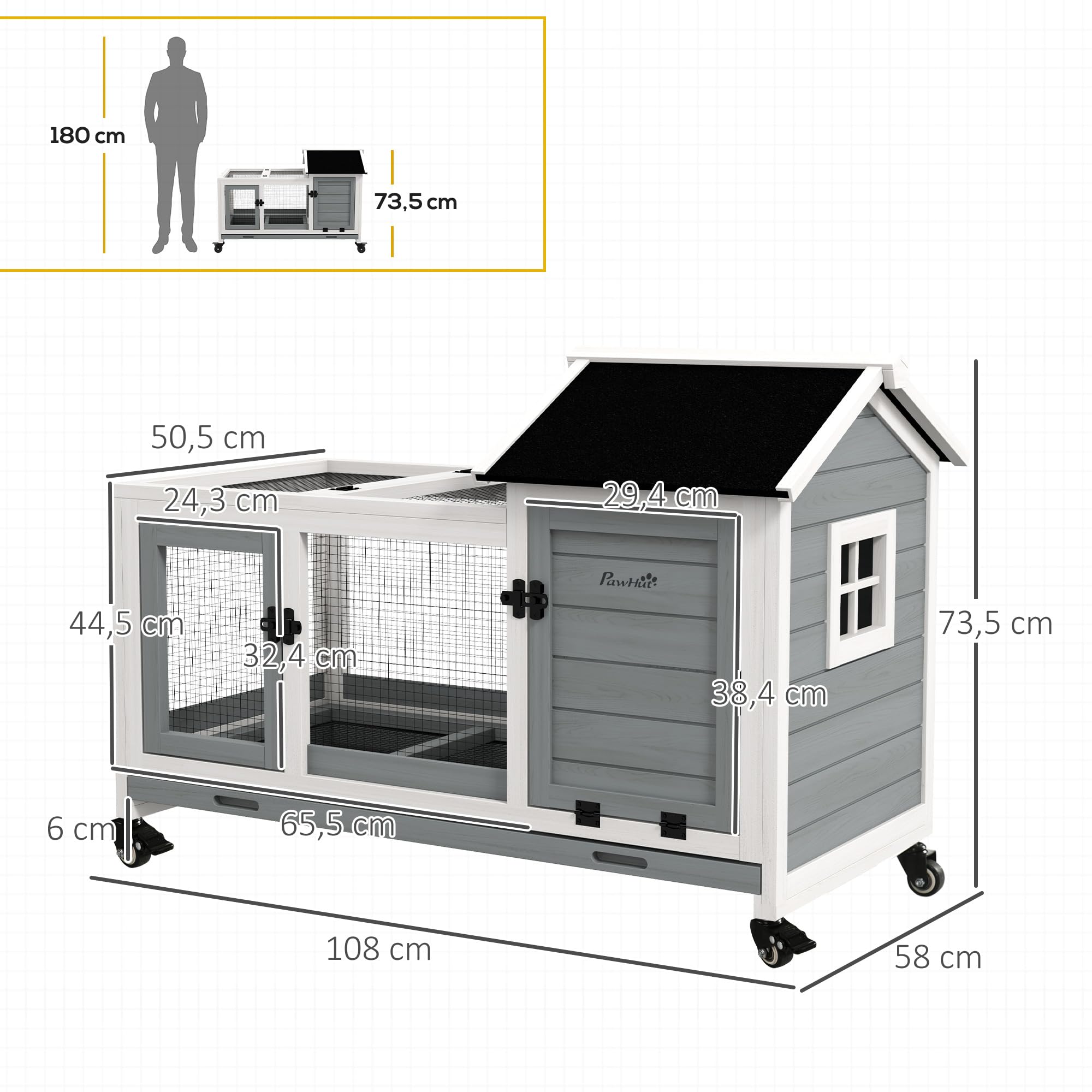 PawHut Gabbia legno conigli e cavie 108x58x73,5cm grigio | Casetta per animali piccoli con ruote, per esterno e interno, vassoio estraibile