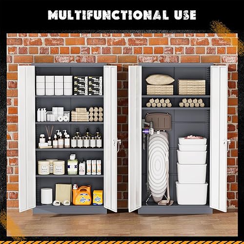 Miniatura 5 de Greenvelly Armario de almacenamiento de metal para garaje, armario de acero con bloqueo con 2 puertas y 4 estantes ajustables, gabinetes de