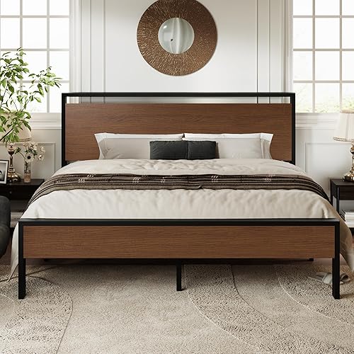 Miniatura 12 de Allewie Base de cama de plataforma tamaño Queen con cabecera y pie de cama de madera, soporte de 12 listones de metal resistente, no necesita
