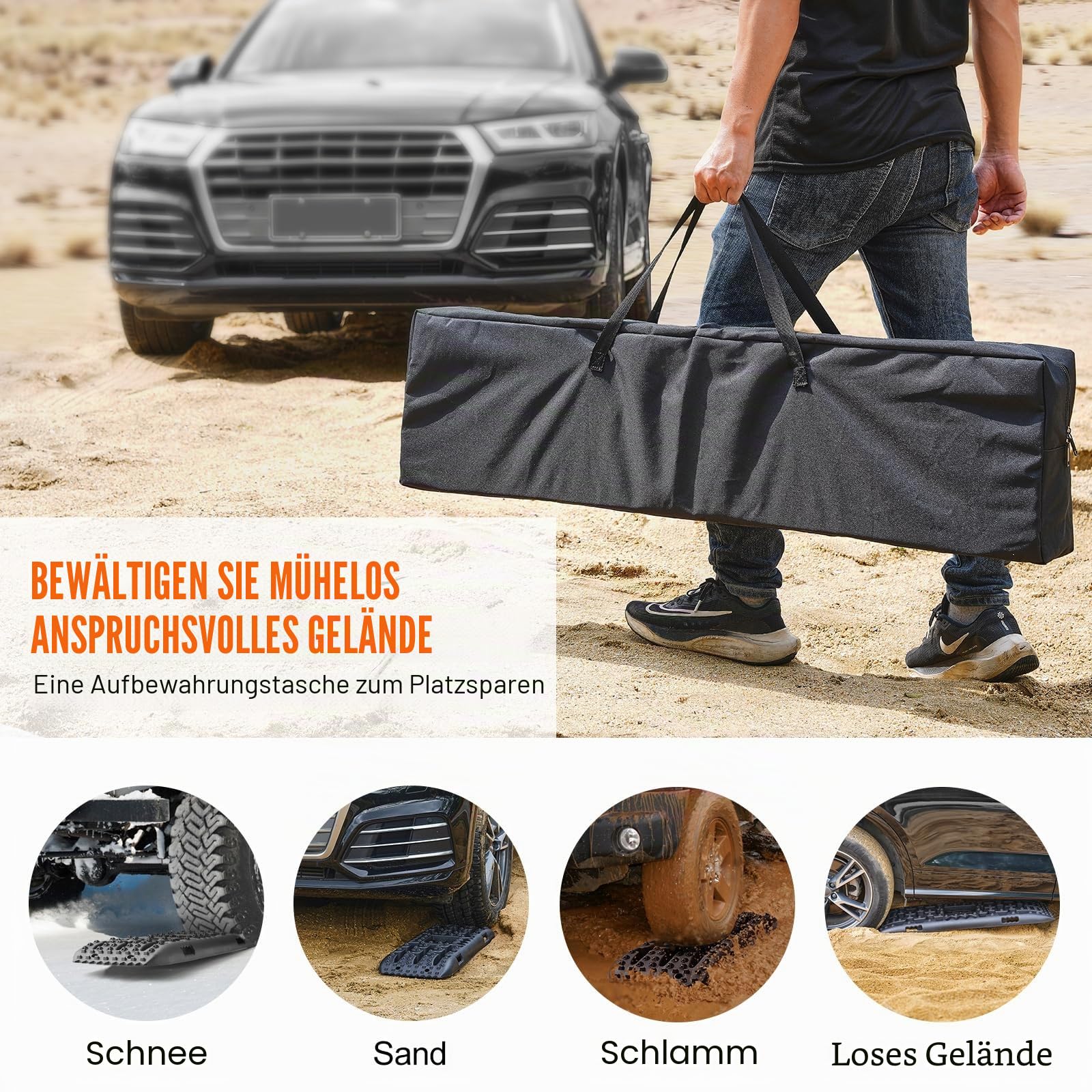 VEVOR 10 TONNEN Traktionsbretter mit PP-Material, Bergungsbretter für Geländefahrzeuge/Autos/Pickups/SUVs/Wohnmobile, Paar Reifen-Traktionsmatten auf Schnee, Sand, Schlamm und losem Untergrund
