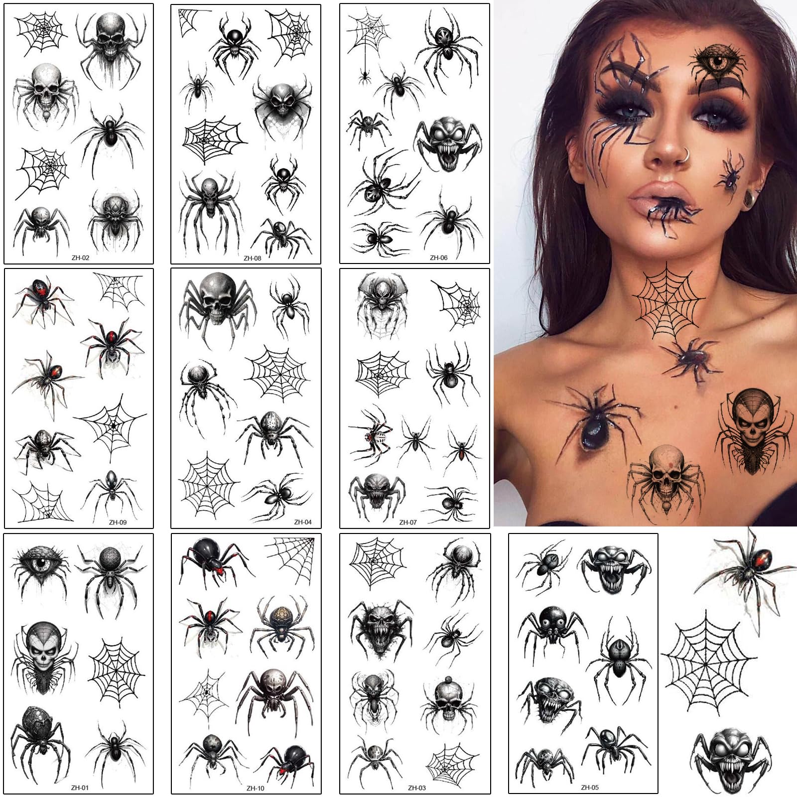 10 Blätter Halloween Tattoos Mit Spinnen & Spinnennetzen – Temporäre Tattoos Für Gesicht & Körper, Wasserfest & Leicht Entfernbar