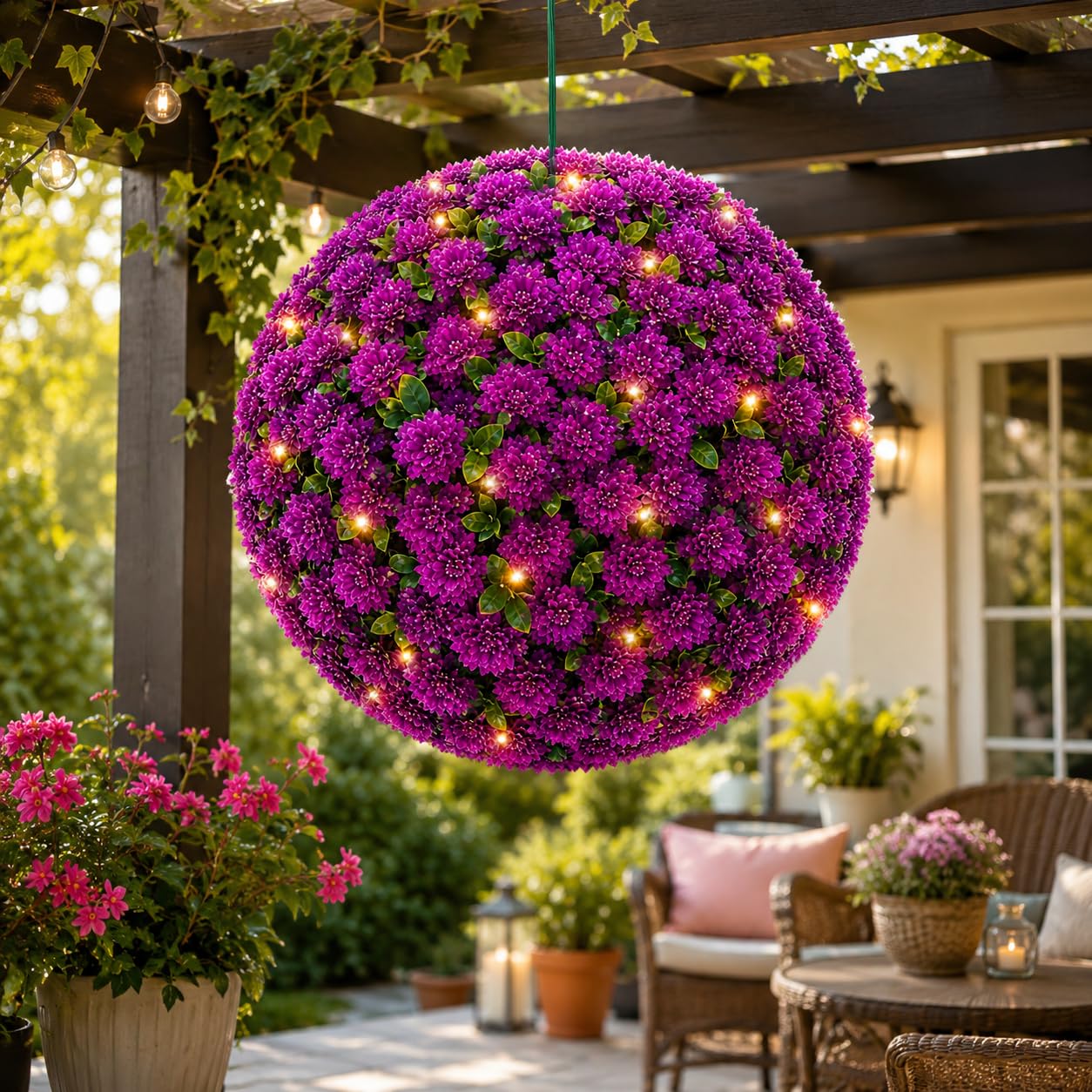 SORAHIGH Solar Topiary Ball Garden Light 27cm – Coloured Hanging Outdoor LED Ball Light, 20 LED Solar Powered Decorative Garden Lamp, Weatherproof Plastic Outdoor Patio & Garden Decor (Purple)