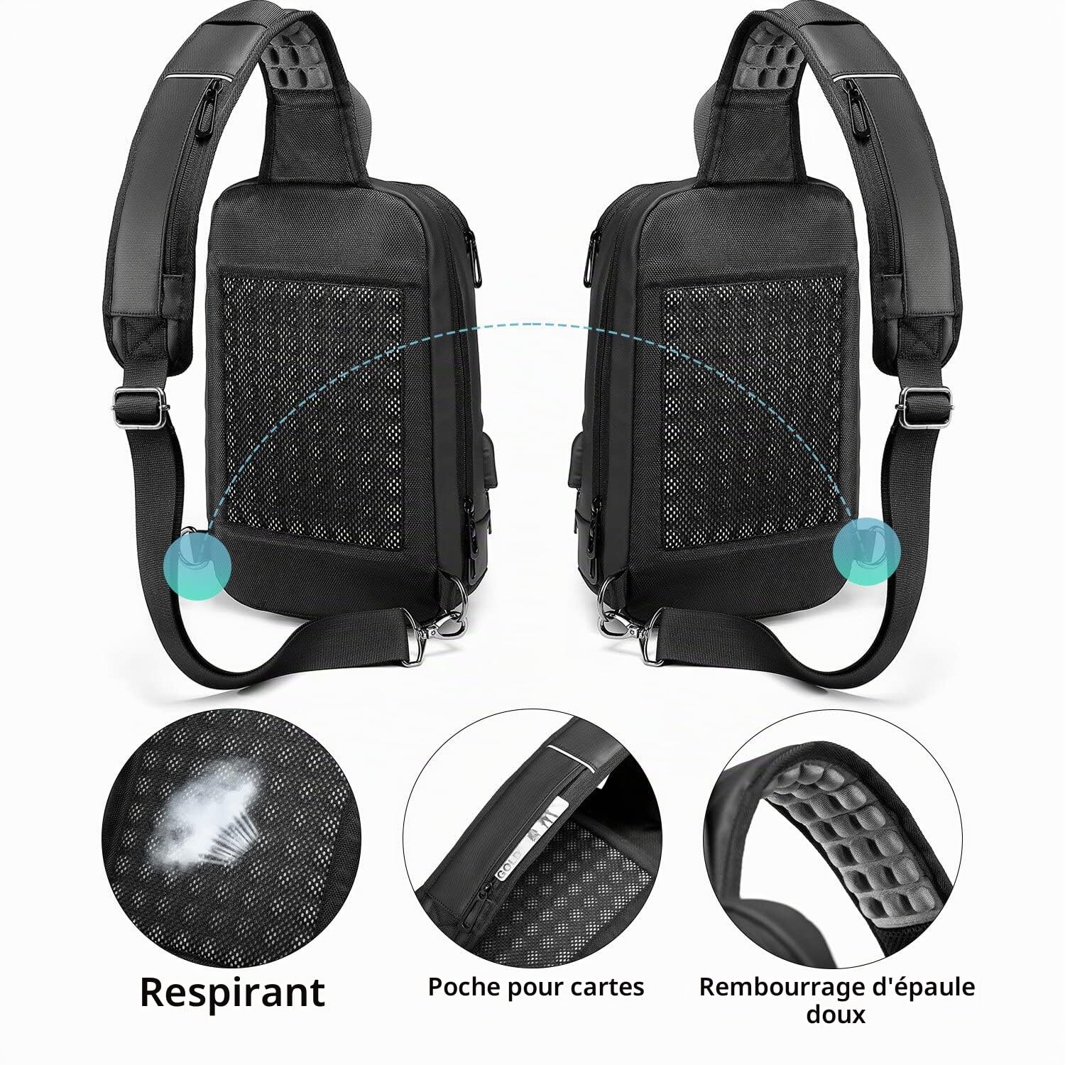 Sac de Poitrine Homme Imperméable Sacoche Bandouliere Léger avec Port de Chargement USB pour 9.7 Pouces iPad et Idee Cadeau-Noir