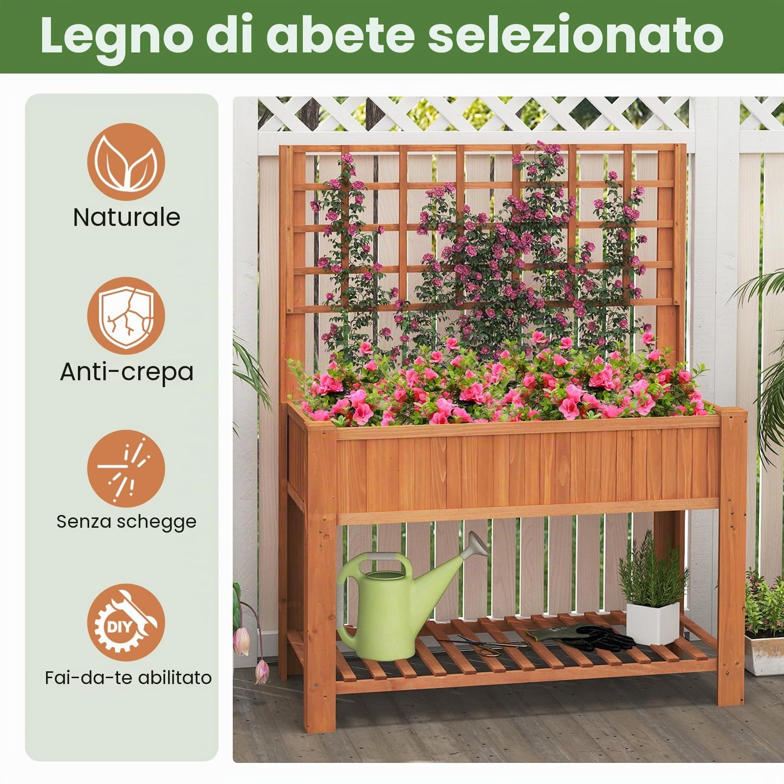 HOMASIS Fioriera Rialzata con Traliccio, Vaso per Piante in Legno con Ripiano e Fori di Drenaggio, Letto da Giardino, Orto da Esterno per Fiori Verdure Erbe, 116 x 59 x 150 cm (Arancione)